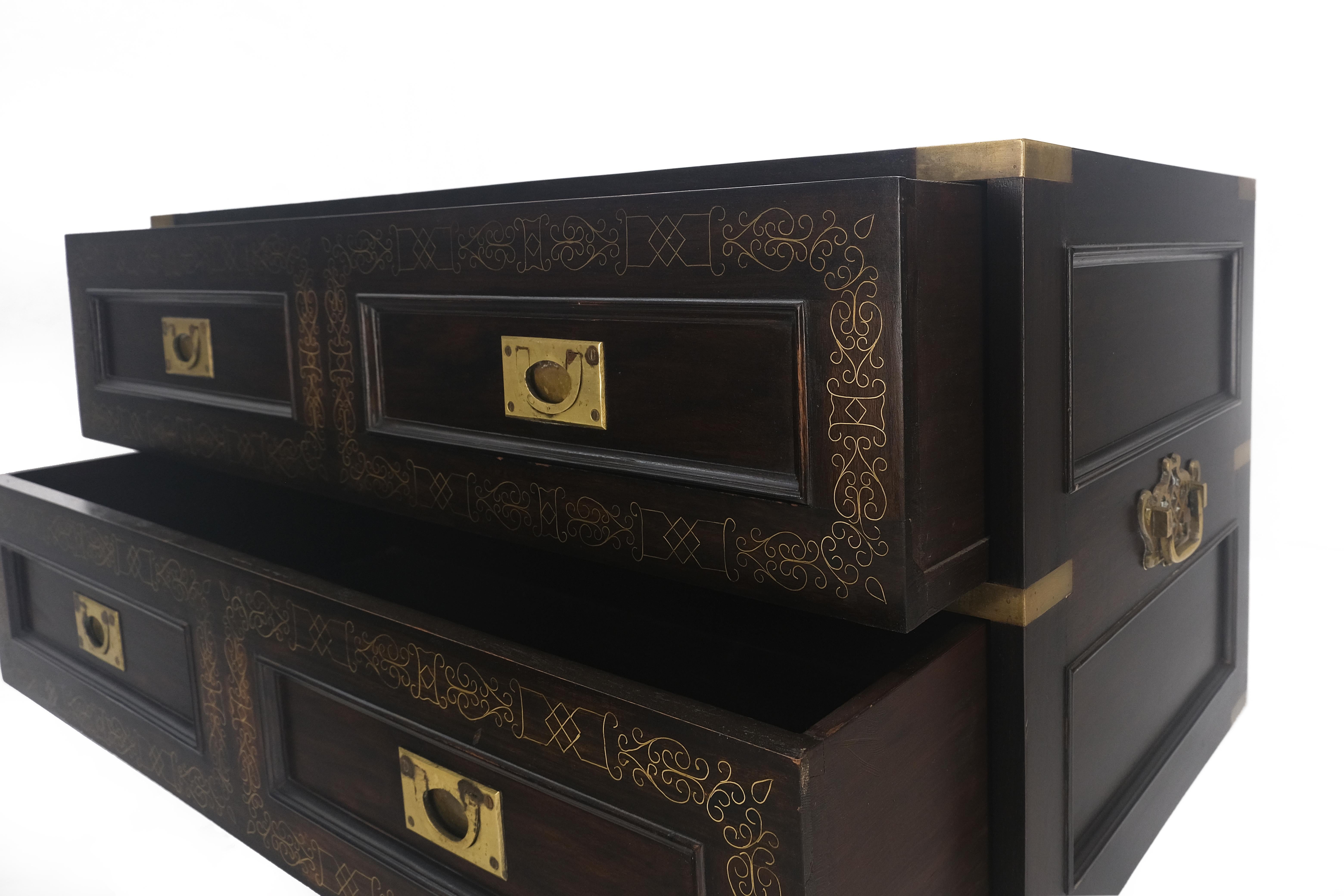 Campaign Style Ebonized Mahogany Brass Inlay Two Drawers Small Dresser Chest  For Sale 5