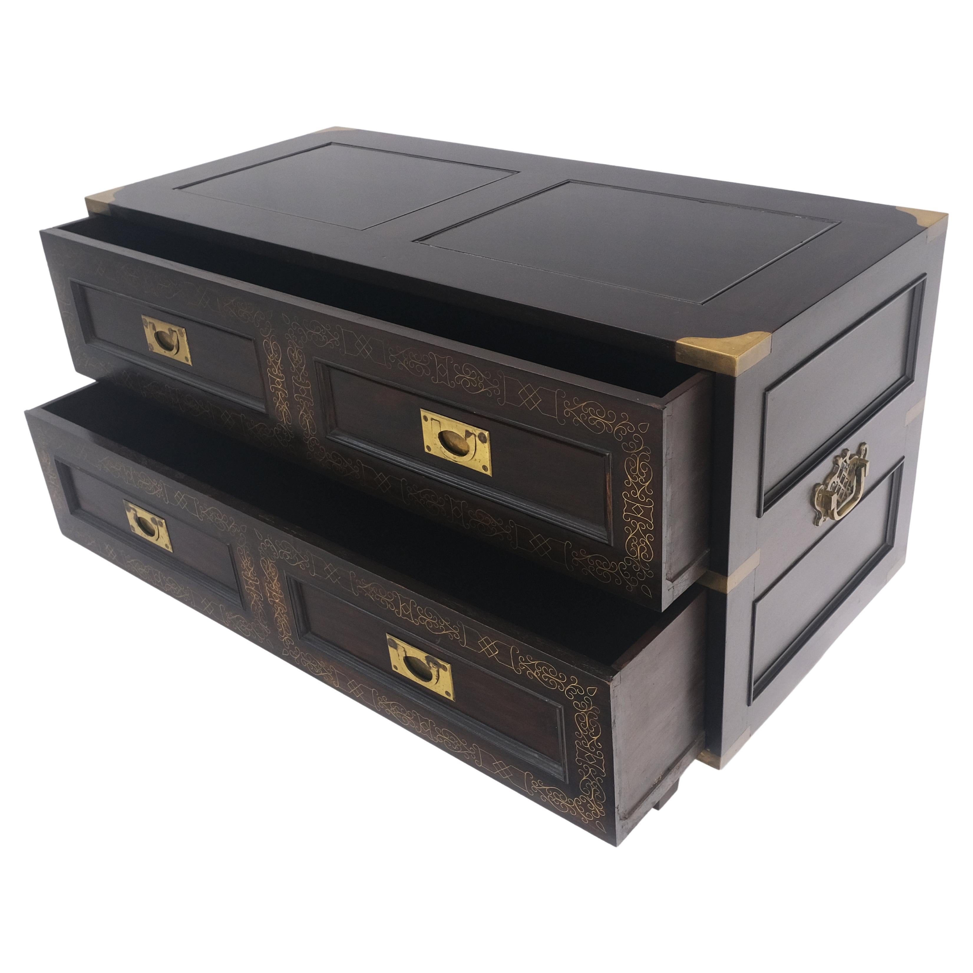 Campaign Style Ebonized Mahogany Brass Inlay Two Drawers Small Dresser Chest  In Good Condition For Sale In Rockaway, NJ