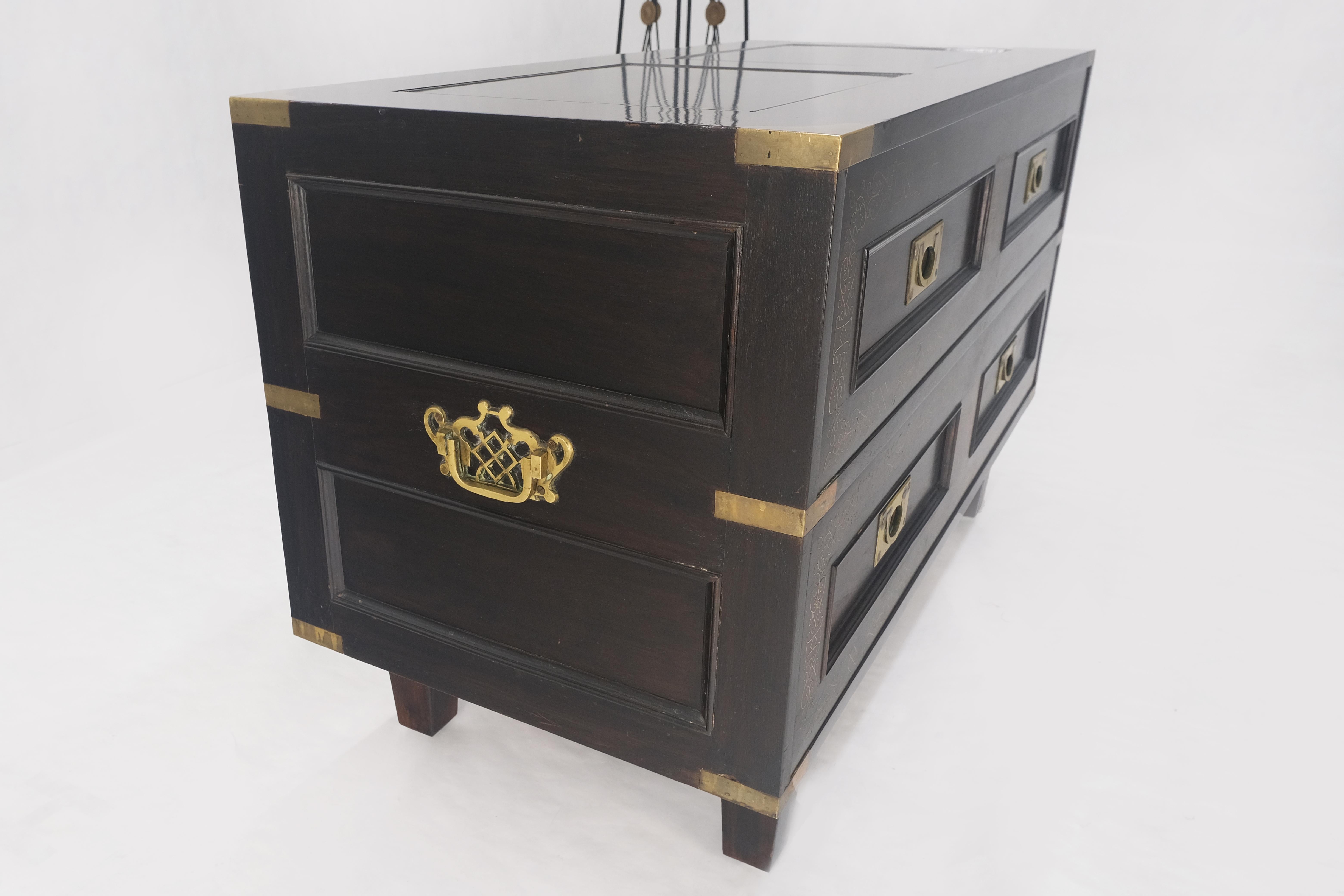 20th Century Campaign Style Ebonized Mahogany Brass Inlay Two Drawers Small Dresser Chest  For Sale