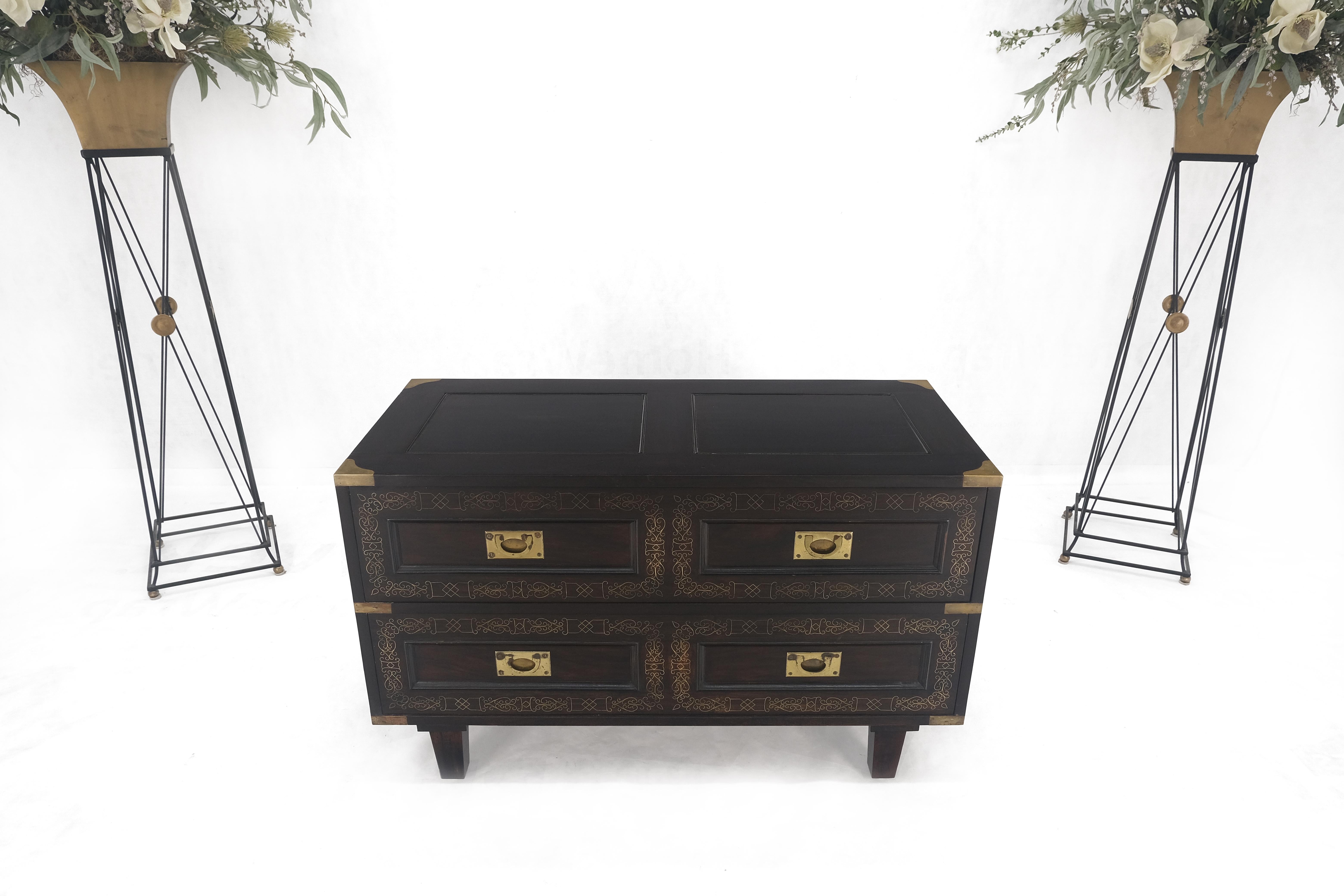 Campaign Style Ebonized Mahogany Brass Inlay Two Drawers Small Dresser Chest  For Sale 2