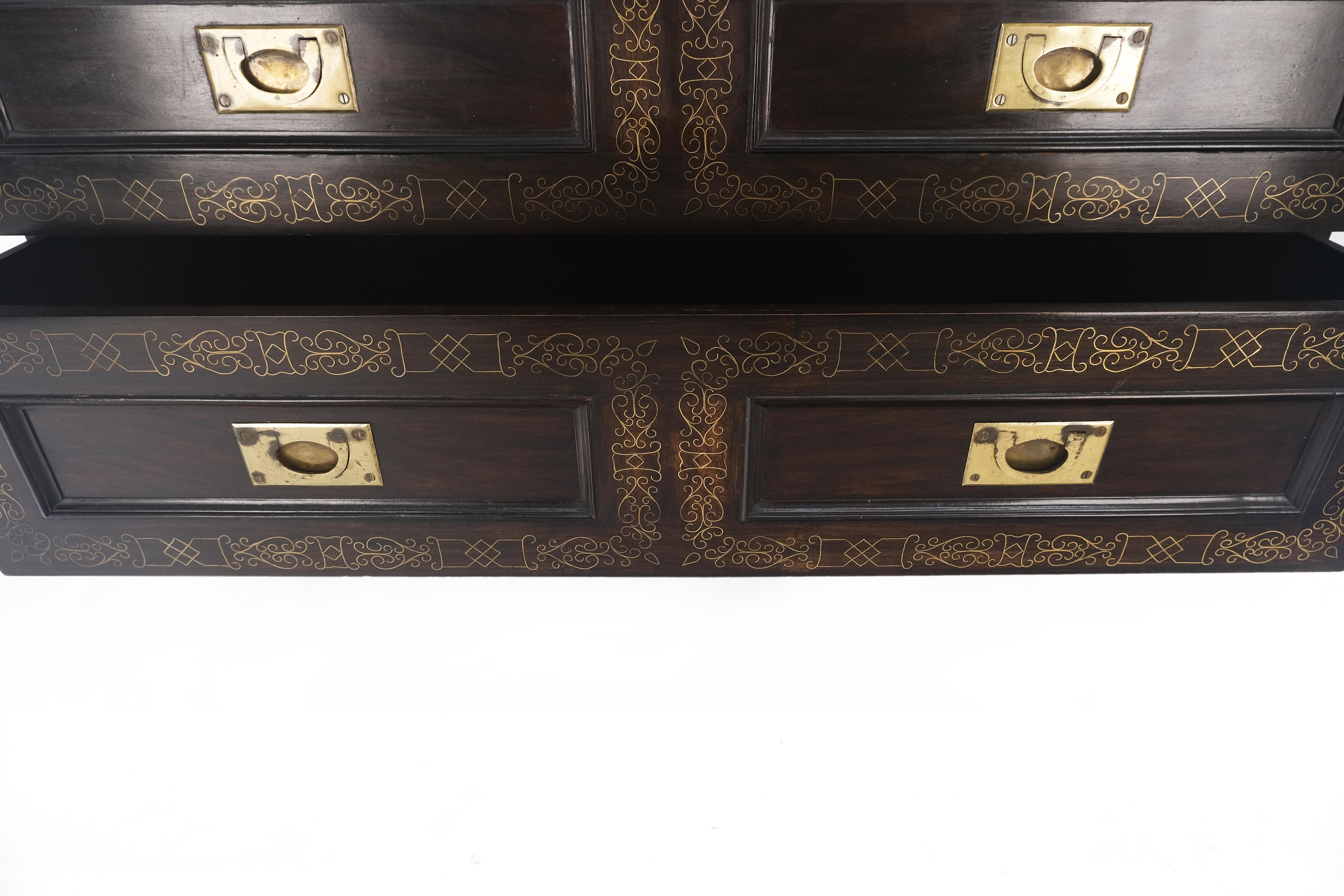Campaign Style Ebonized Mahogany Brass Inlay Two Drawers Small Dresser Chest  For Sale 3