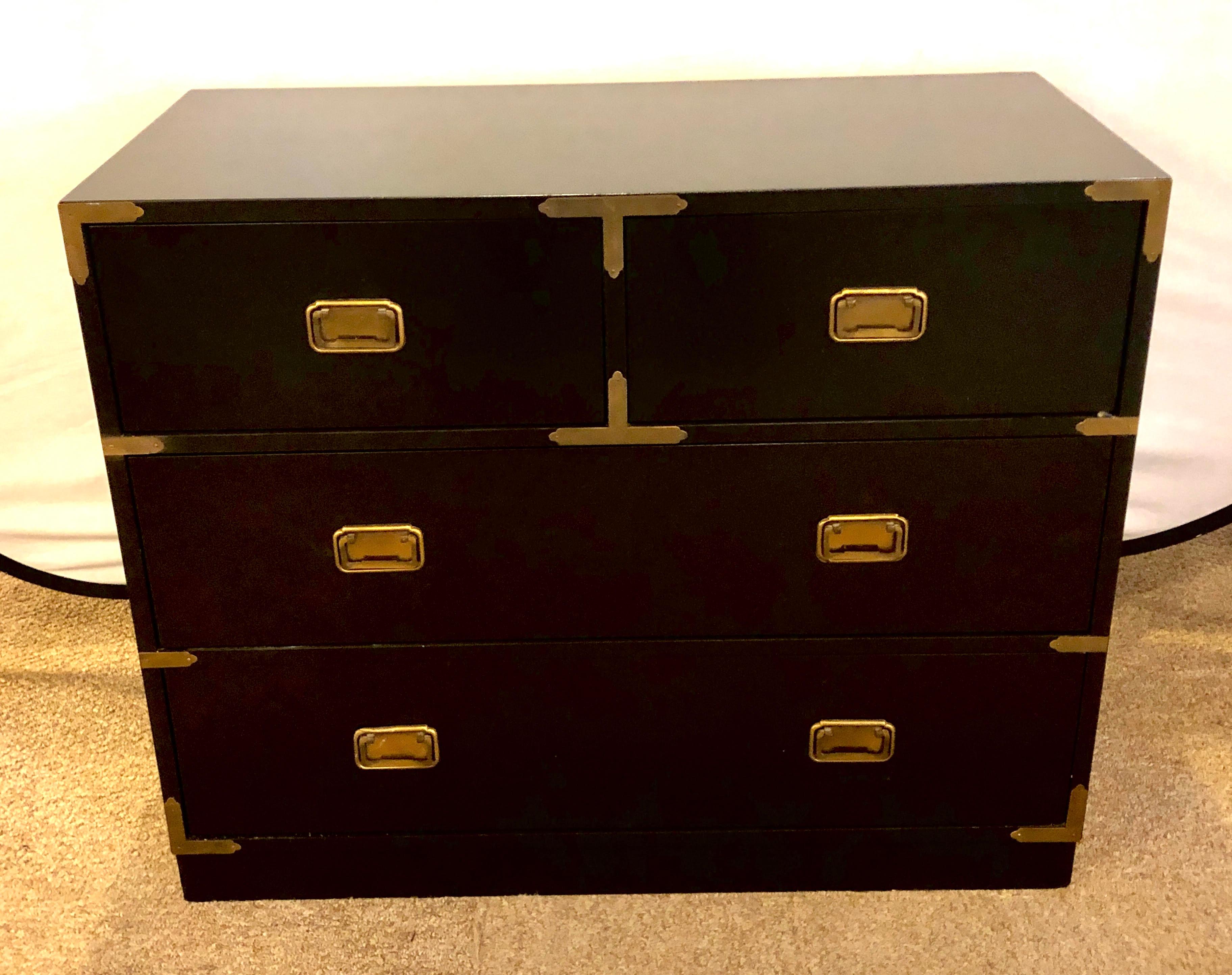 Campaign Style Ebony Chest / Dresser or Nightstand Attributed to Baker In Good Condition In Stamford, CT