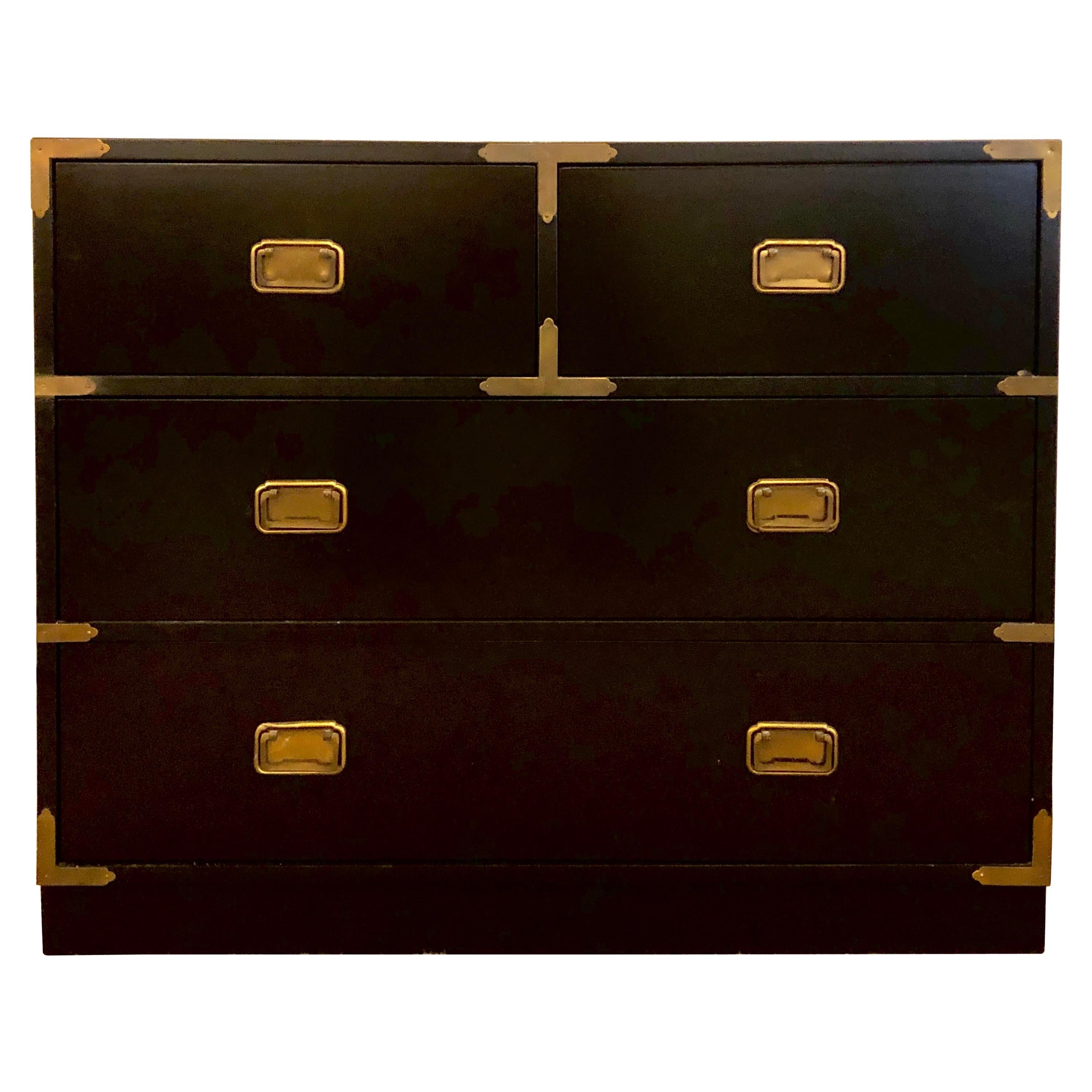 Campaign Style Ebony Chest / Dresser or Nightstand Attributed to Baker