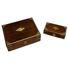 Antique Campaign Style English Mahogany Brass Mounted Decorative Boxes, a Pair