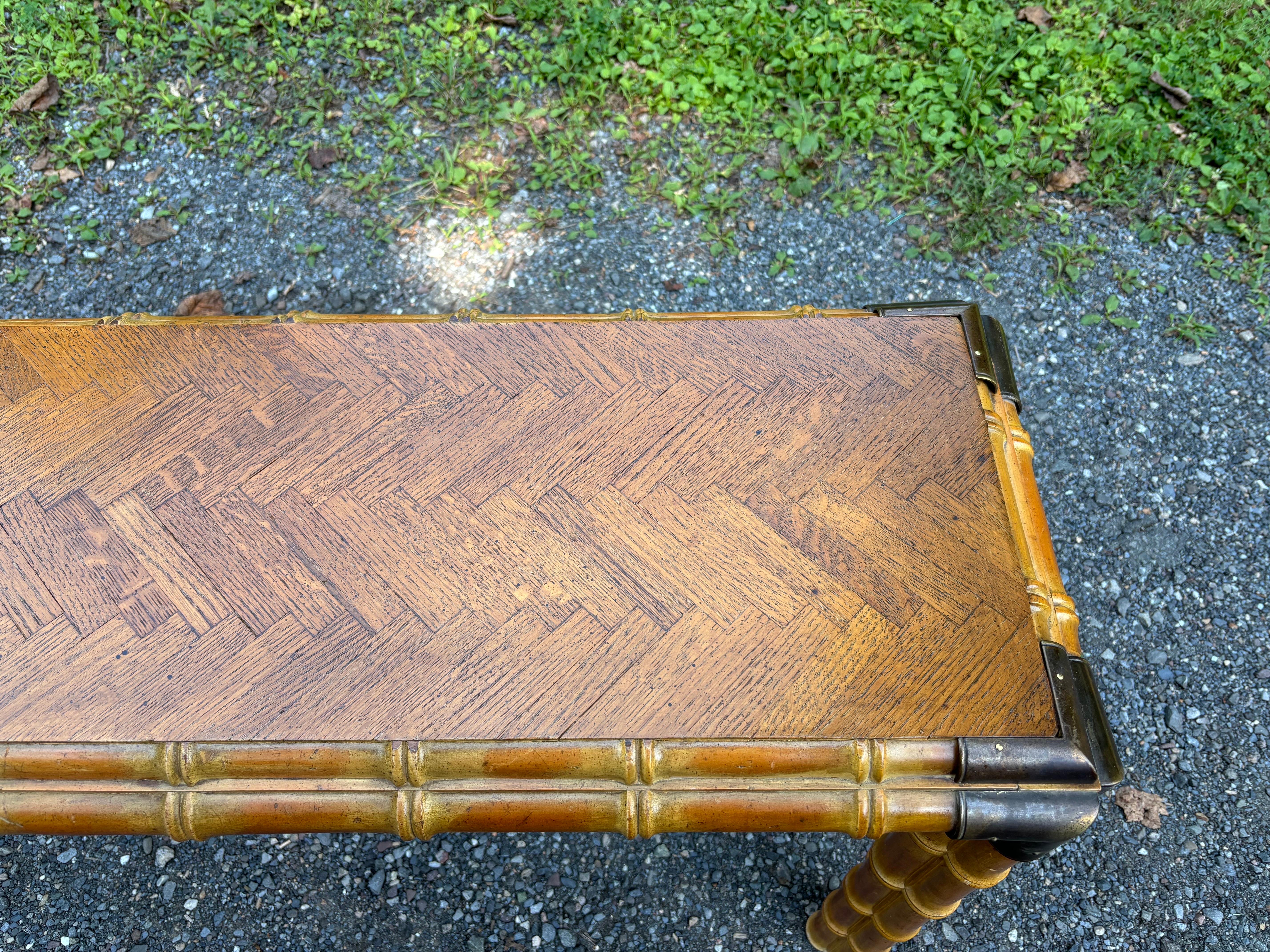 Mid-Century Modern Campaign Style Faux Bamboo Console For Sale