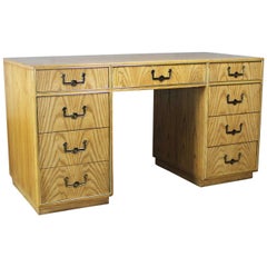 Vintage Campaign Style Founders Furniture Light Oak Desk with Brass Plate Accents