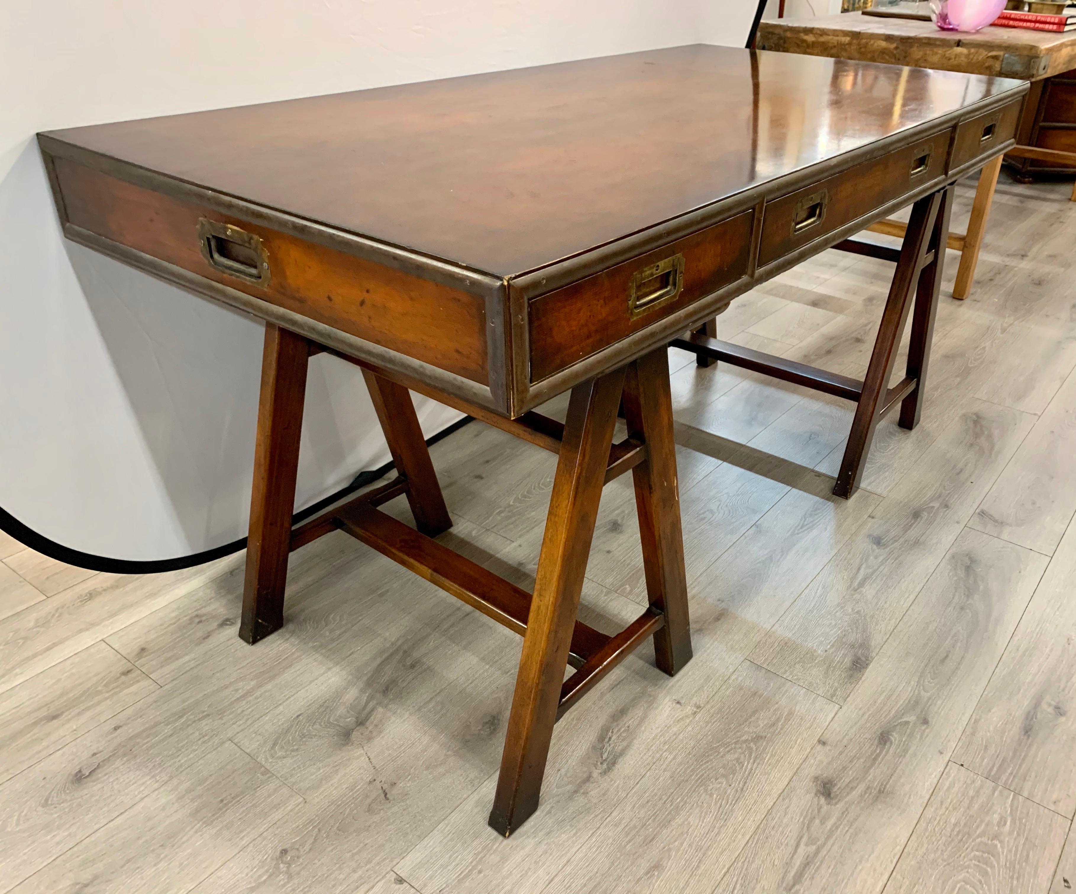 Campaign Style Fruitwood Desk Writing Table Three Drawer In Good Condition In West Hartford, CT
