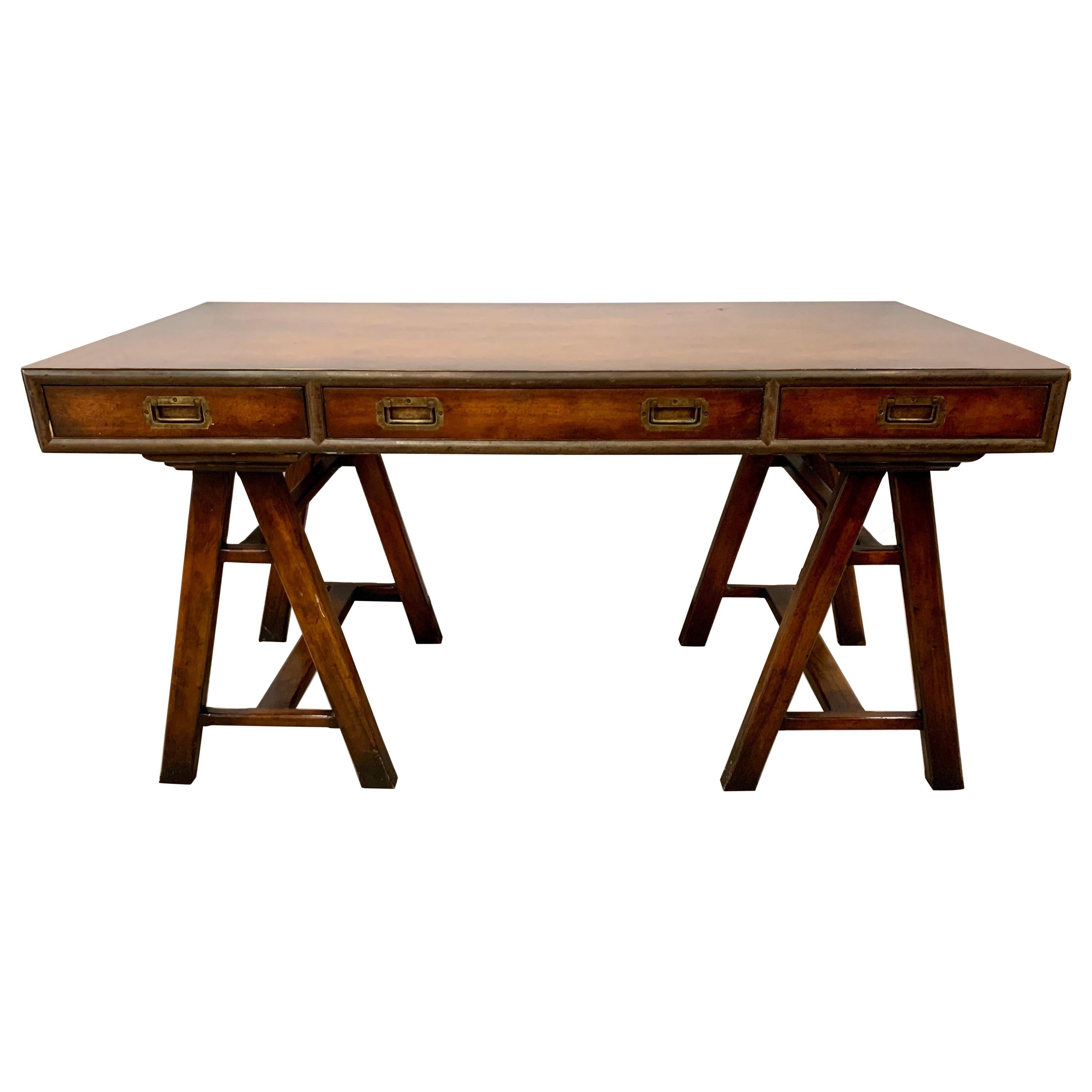 Campaign Style Fruitwood Desk Writing Table Three Drawer