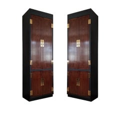 Campaign Style Lacquered Tall Fitted Cabinets by Henredon, Pair