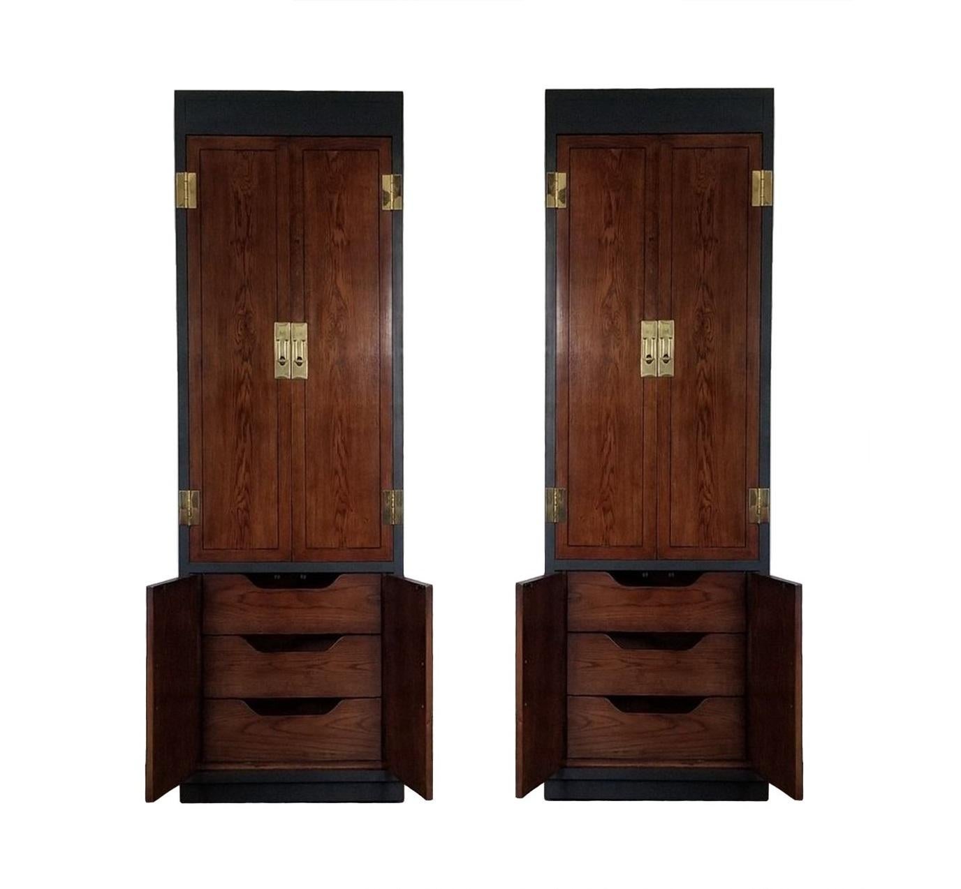 American Campaign Style Lacquered Tall Fitted Cabinets by Henredon, Pair For Sale