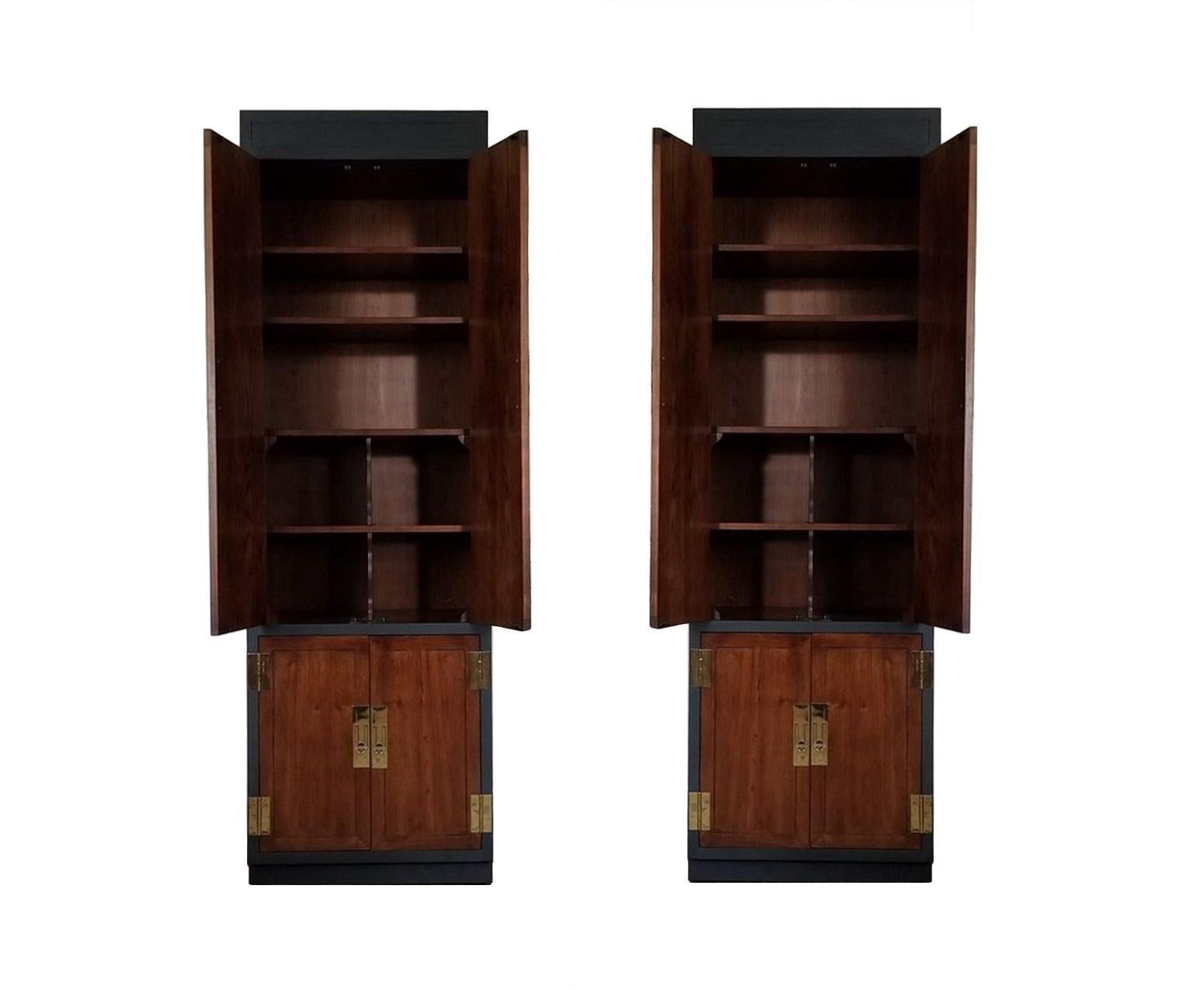 Campaign Style Lacquered Tall Fitted Cabinets by Henredon, Pair In Good Condition For Sale In Dallas, TX