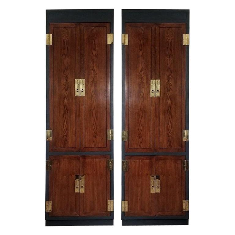 Campaign Style Lacquered Tall Fitted Cabinets by Henredon, Pair For Sale