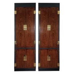 Campaign Style Lacquered Tall Fitted Cabinets by Henredon, Pair