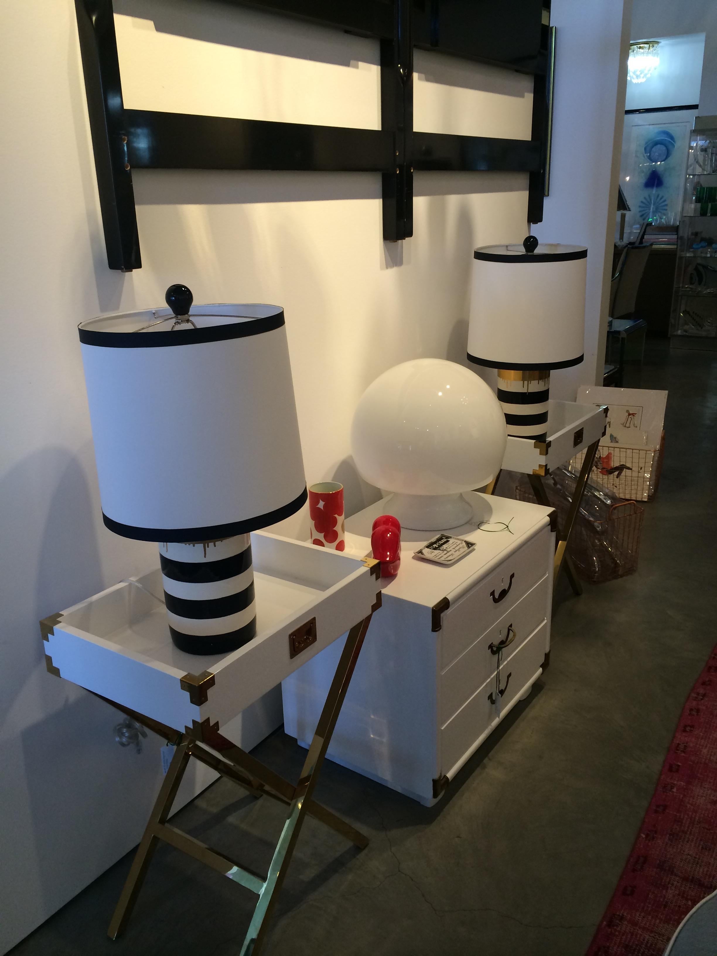 Campaign Style Lacquered White with Brass Accents Bedside Table/Chest of Drawers For Sale 3
