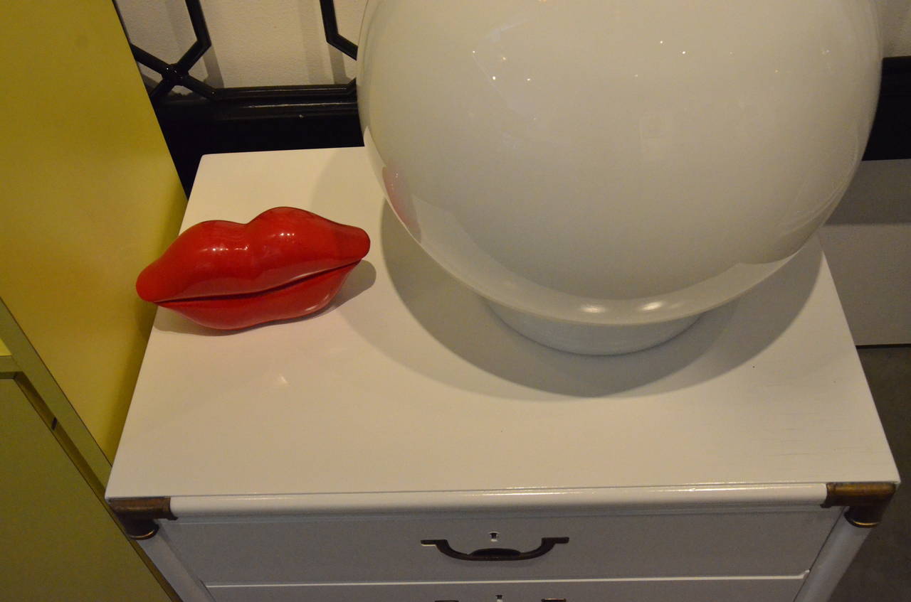 Mid-Century Modern Campaign Style Lacquered White with Brass Accents Bedside Table/Chest of Drawers For Sale