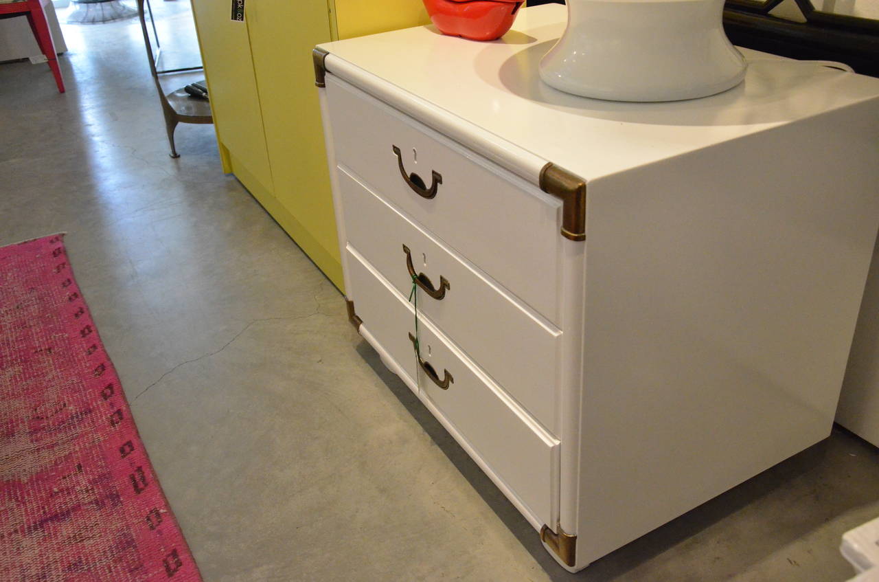 American Campaign Style Lacquered White with Brass Accents Bedside Table/Chest of Drawers For Sale
