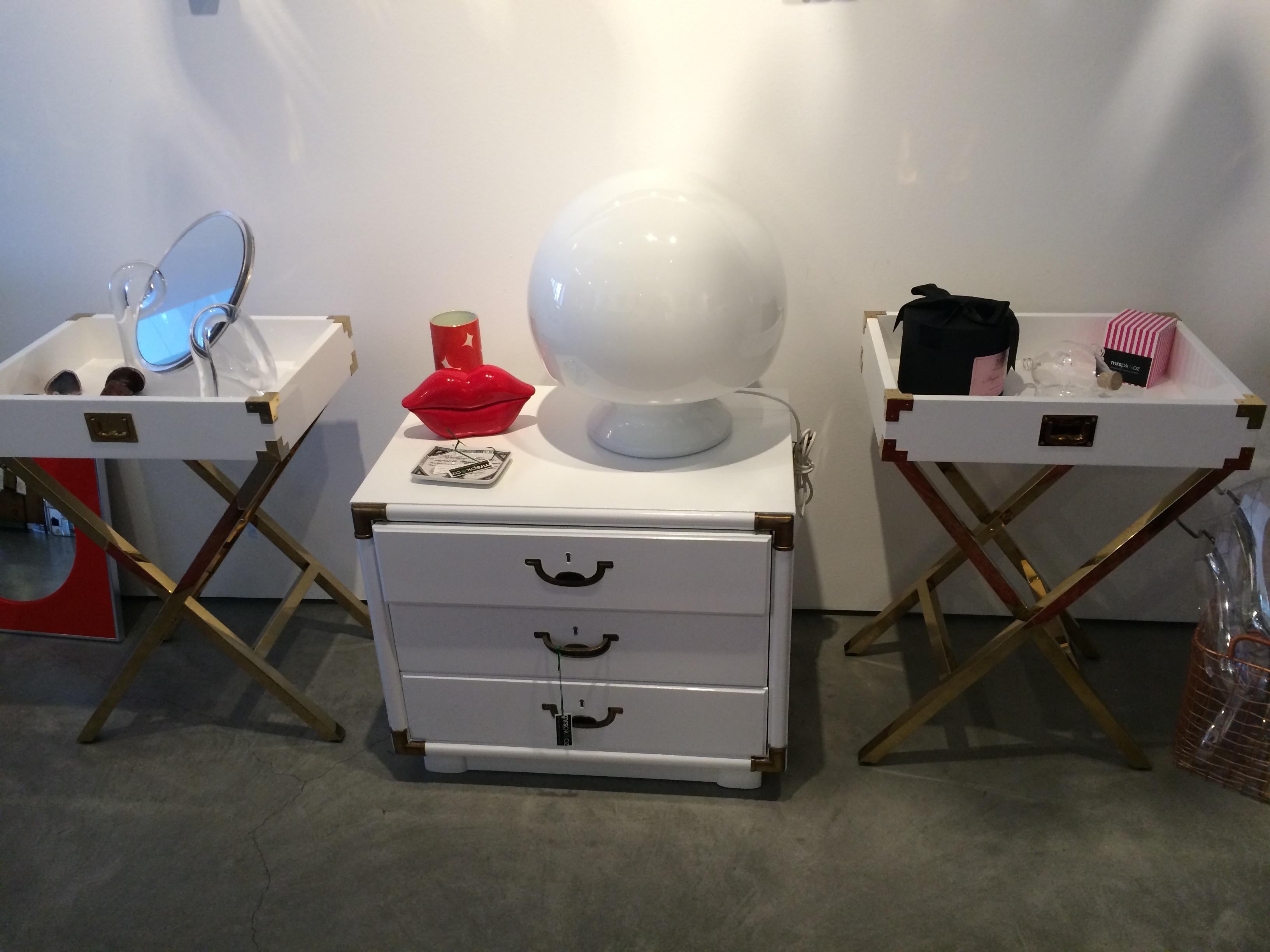 20th Century Campaign Style Lacquered White with Brass Accents Bedside Table/Chest of Drawers For Sale