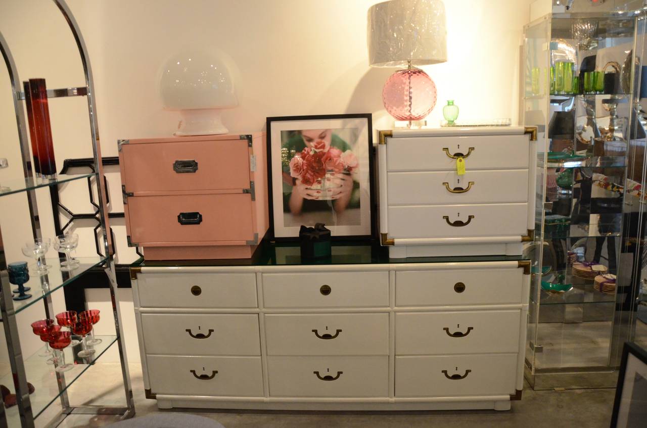 Campaign Style Lacquered White with Brass Accents Bedside Table/Chest of Drawers For Sale 1