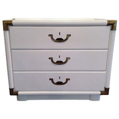 Vintage Campaign Style Lacquered White with Brass Accents Bedside Table/Chest of Drawers