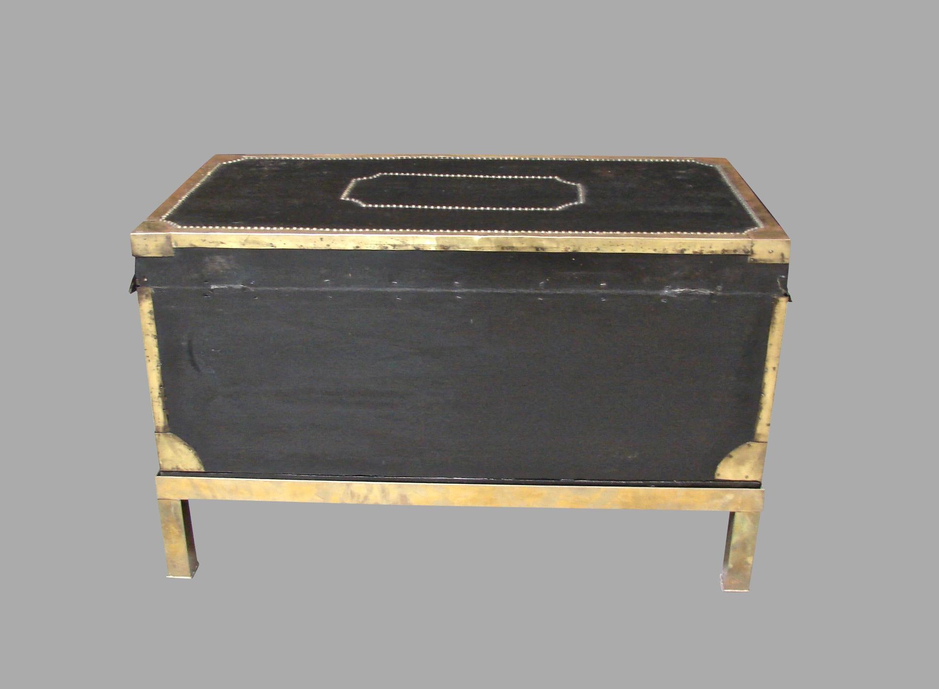 Campaign Style Leather and Brass Trunk on Custom Base In Good Condition In San Francisco, CA
