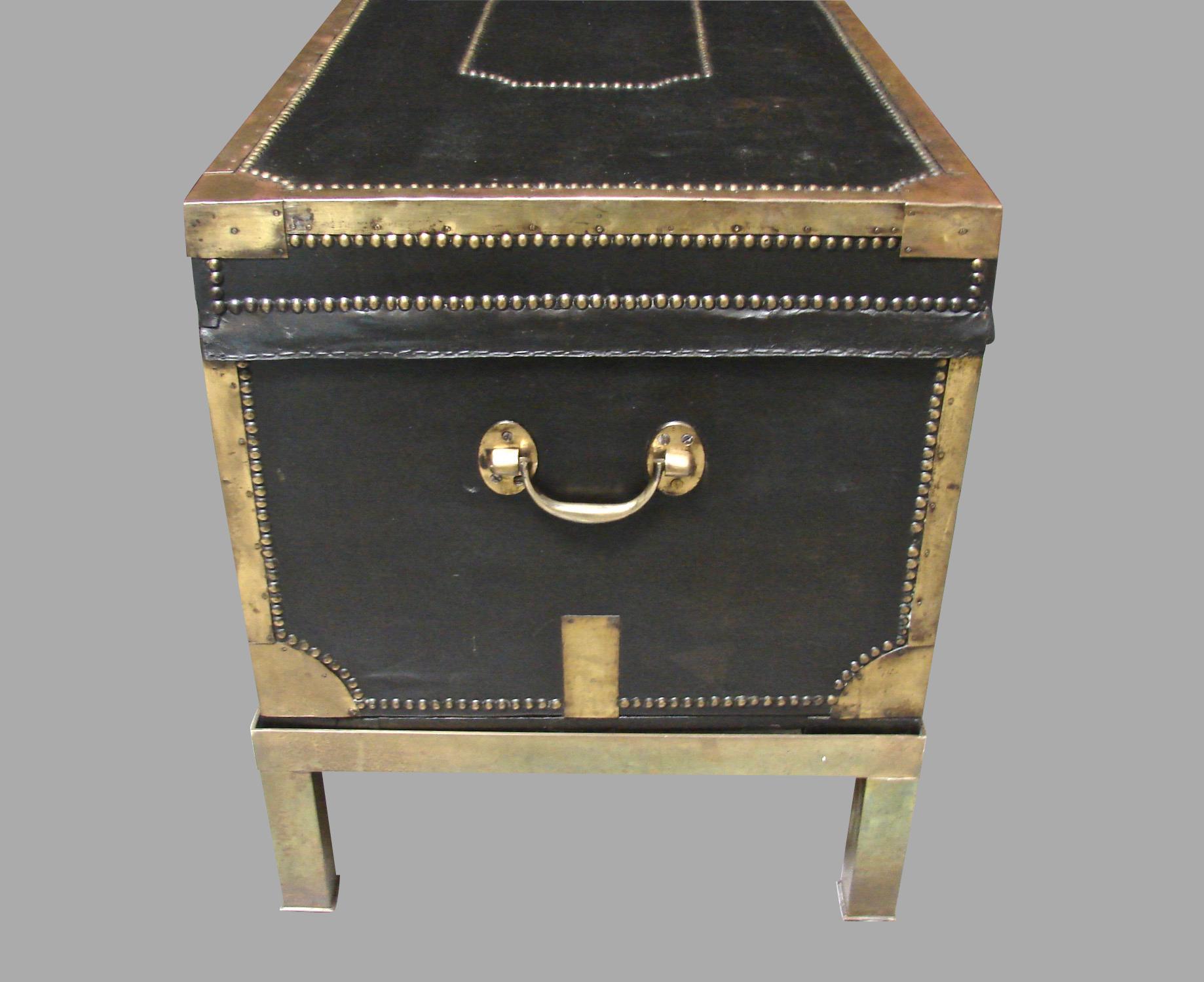 19th Century Campaign Style Leather and Brass Trunk on Custom Base