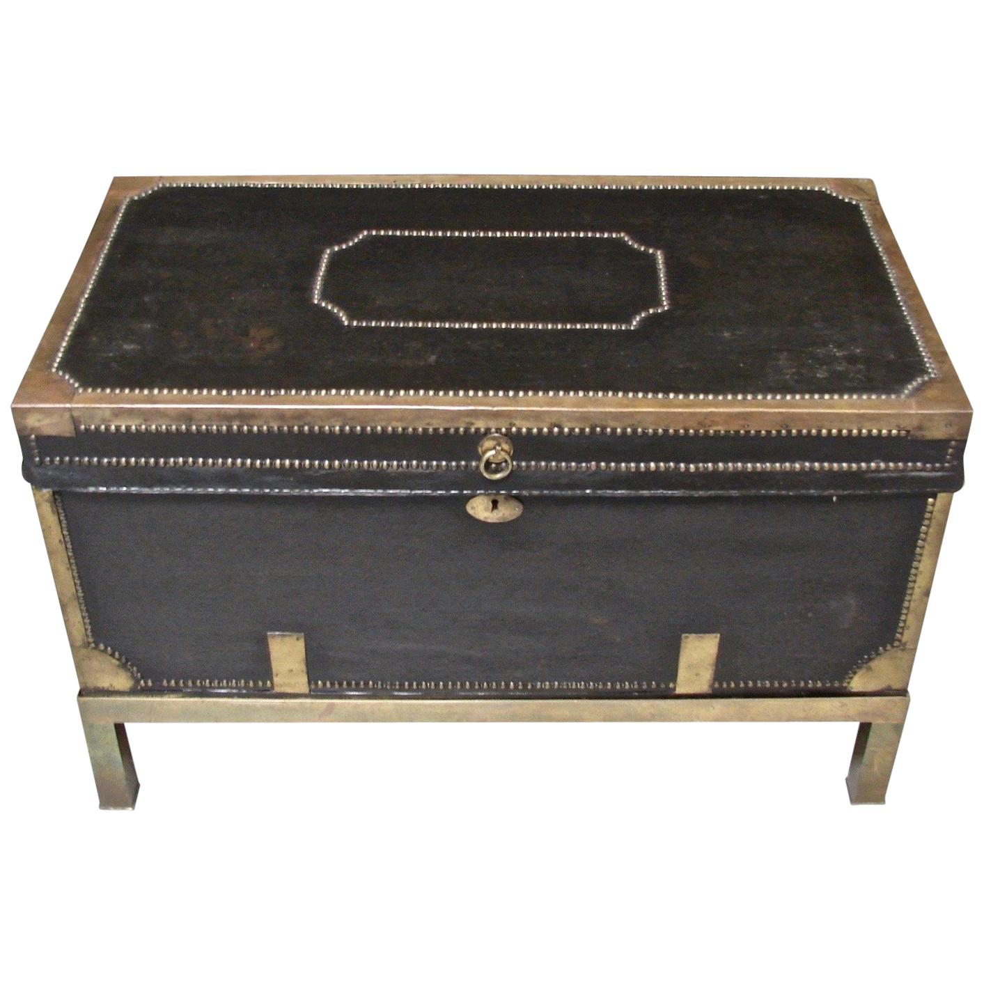 Campaign Style Leather and Brass Trunk on Custom Base