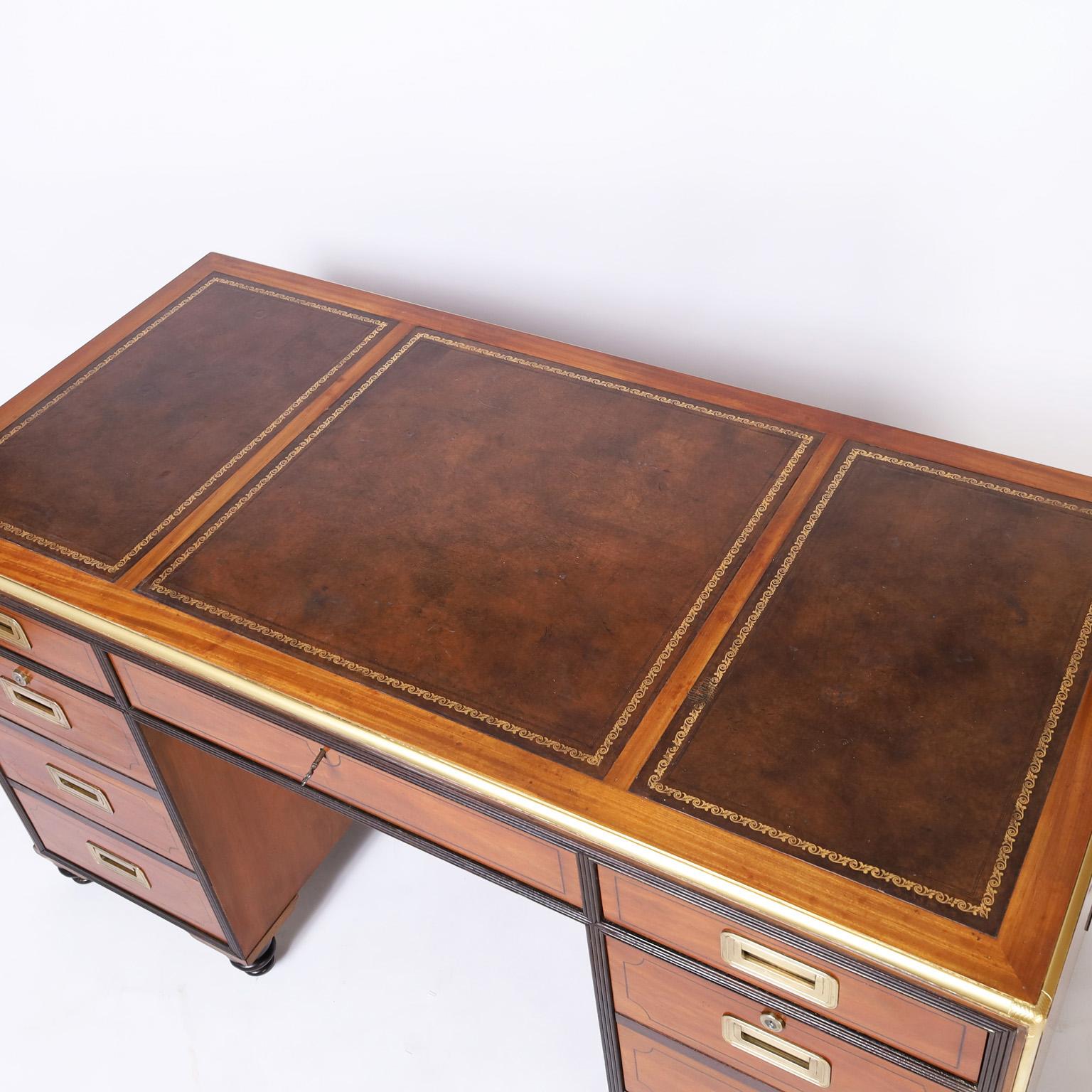 Lacquered Campaign Style Leather Top Desk by Baker