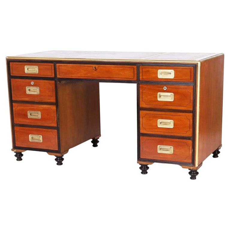Campaign Style Leather Top Desk by Baker For Sale at 1stDibs