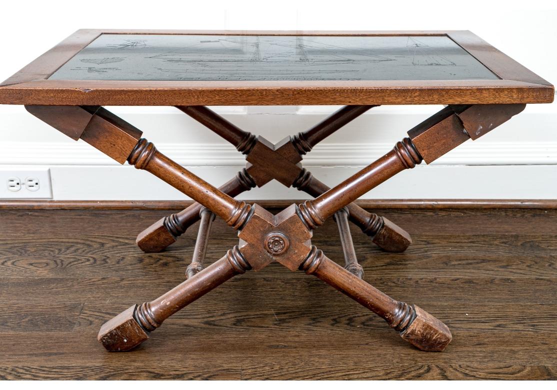 Campaign Style Low Table With Schooner Engraving For Sale 1