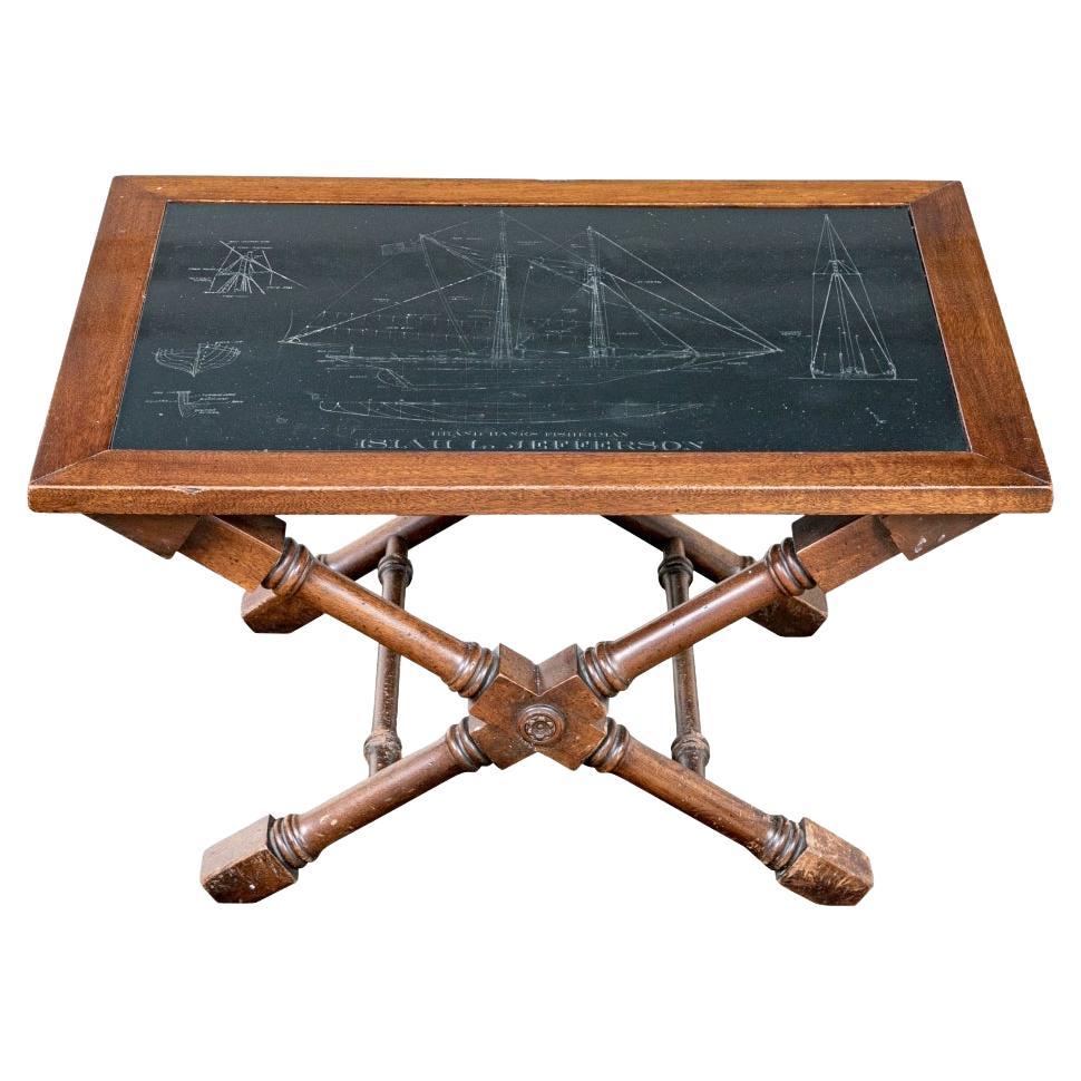 Campaign Style Low Table With Schooner Engraving For Sale