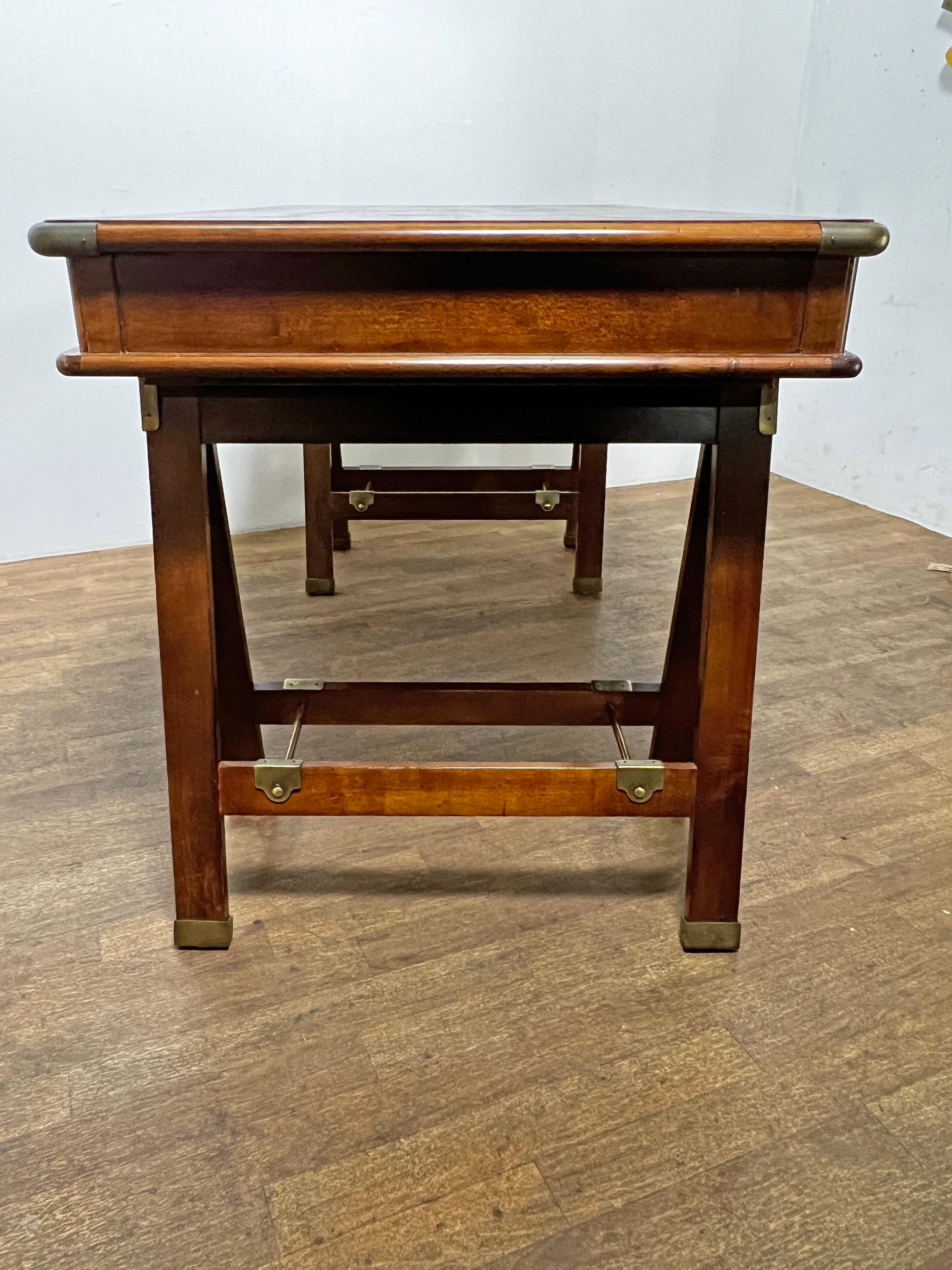 Campaign Style Mahogany Desk on Sawhorse Legs Circa 1970s 4