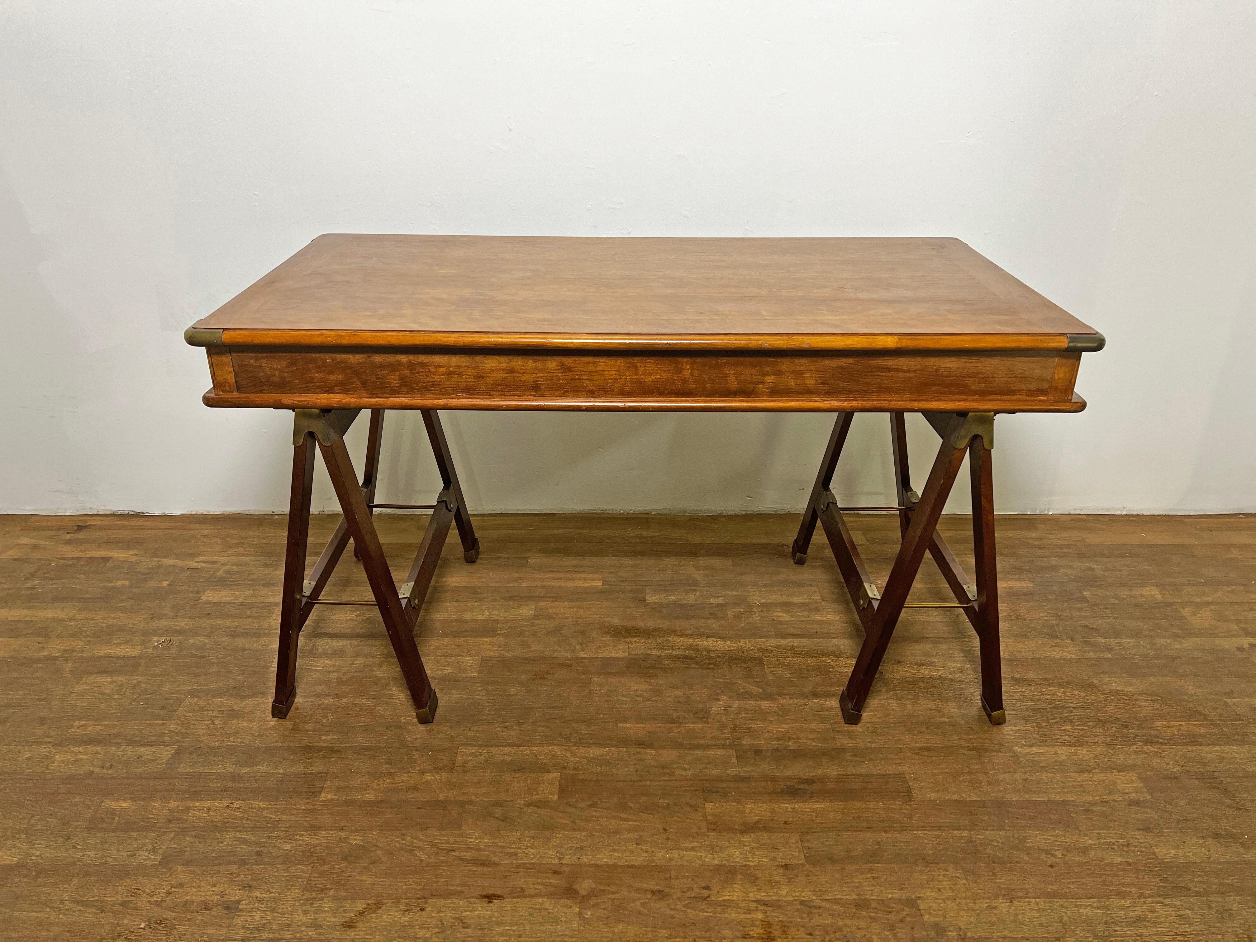 Campaign Style Mahogany Desk on Sawhorse Legs Circa 1970s 5