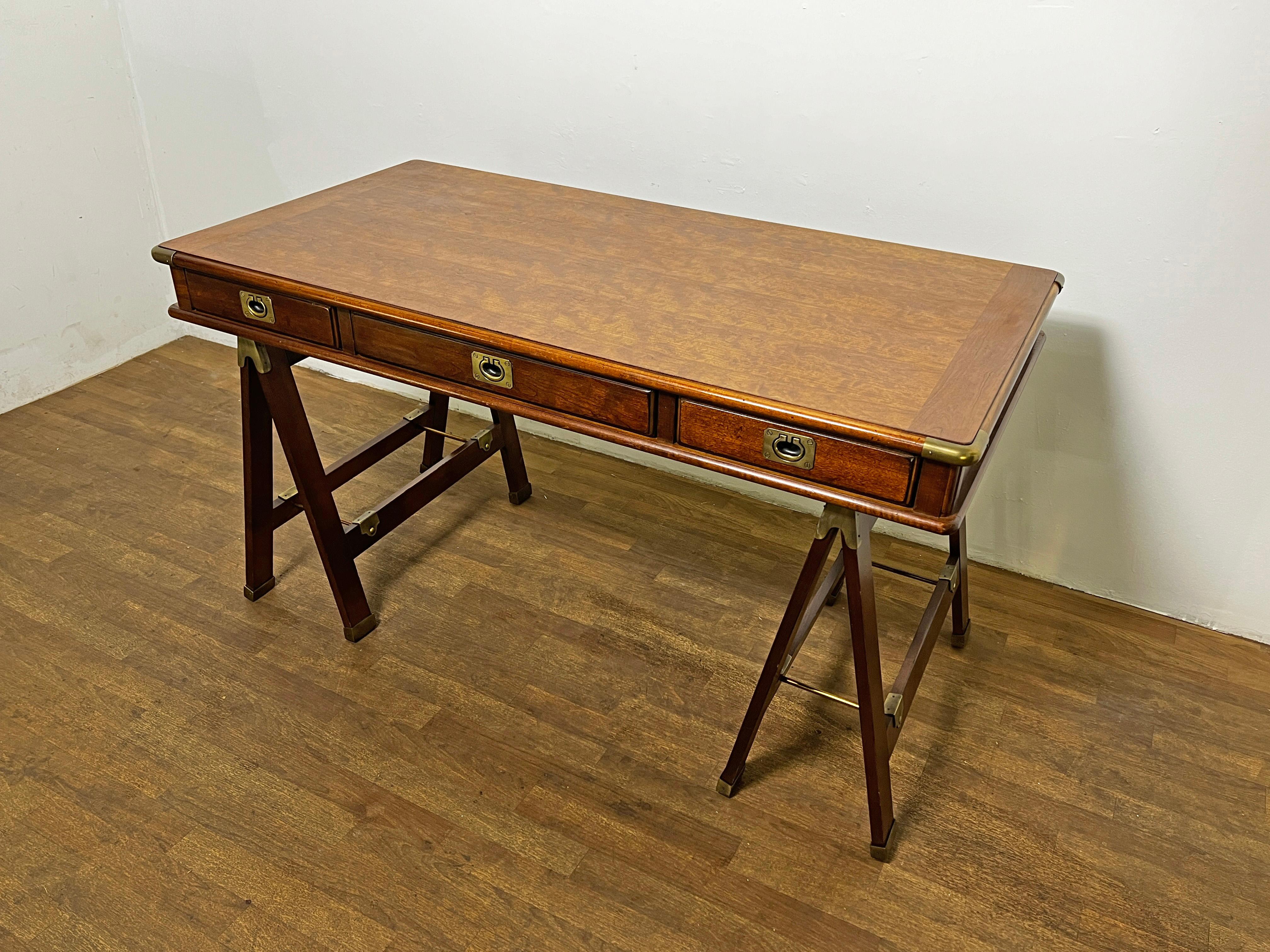 Unknown Campaign Style Mahogany Desk on Sawhorse Legs Circa 1970s