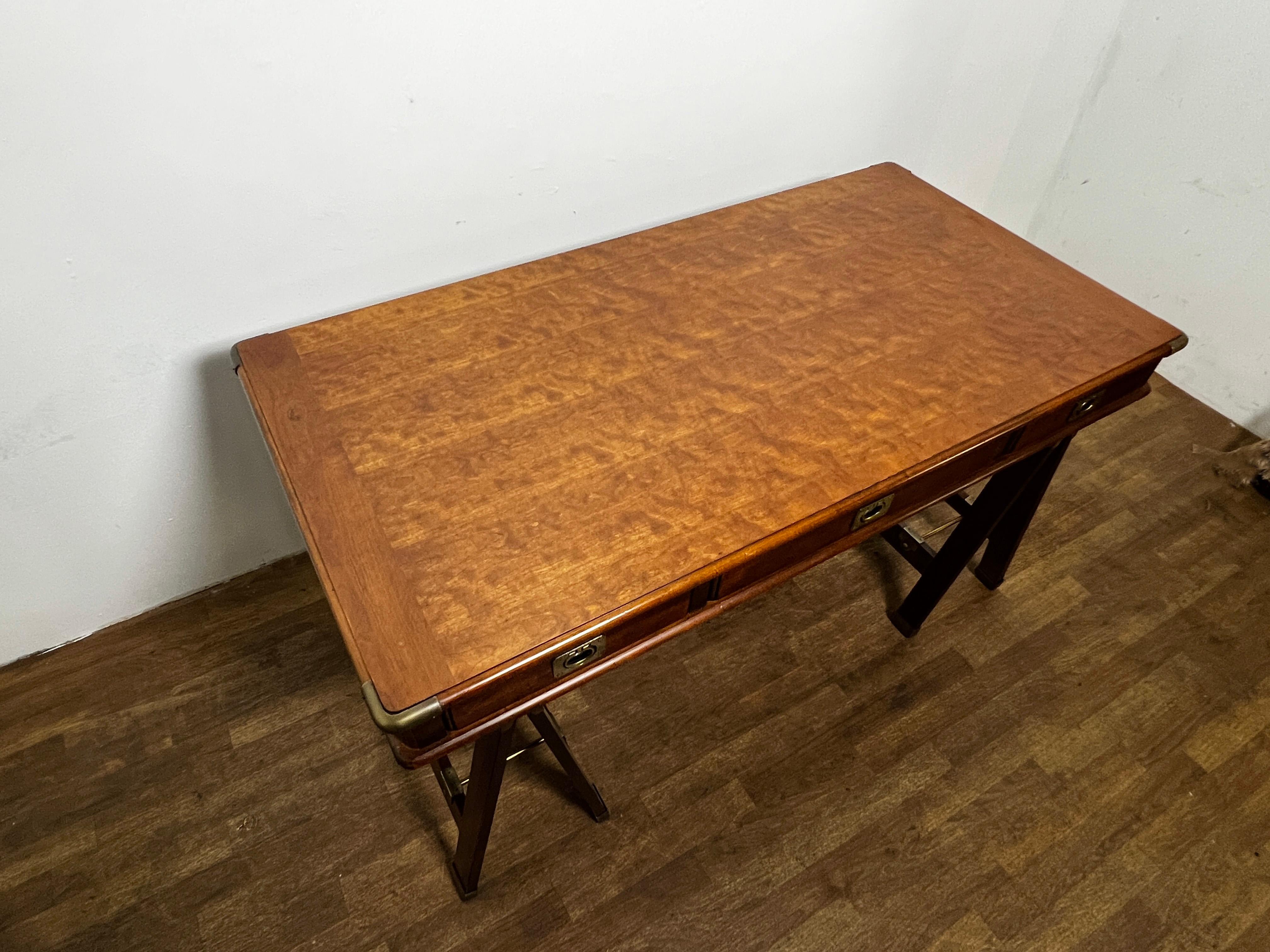 Campaign Style Mahogany Desk on Sawhorse Legs Circa 1970s In Good Condition In Peabody, MA
