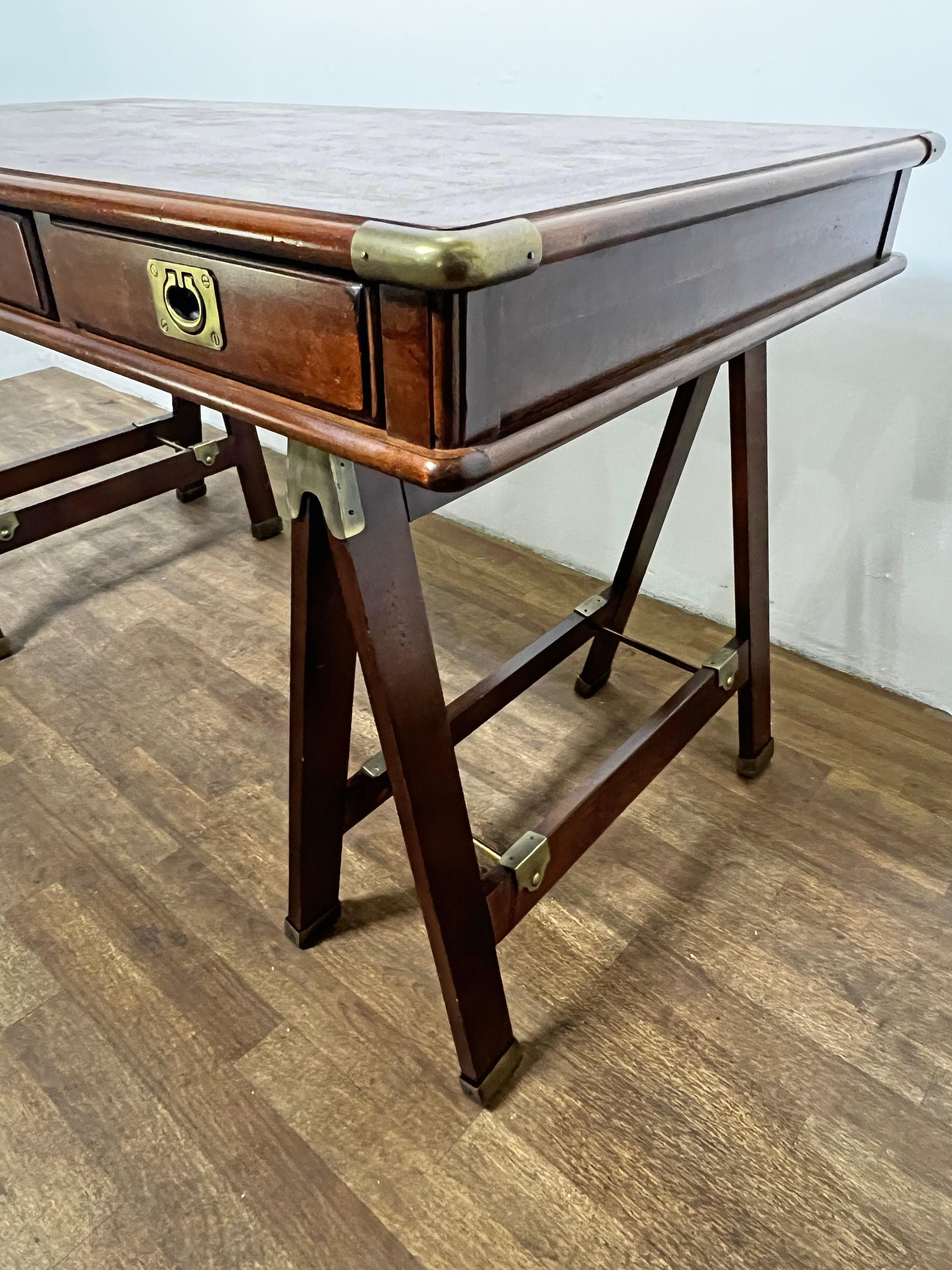 Brass Campaign Style Mahogany Desk on Sawhorse Legs Circa 1970s