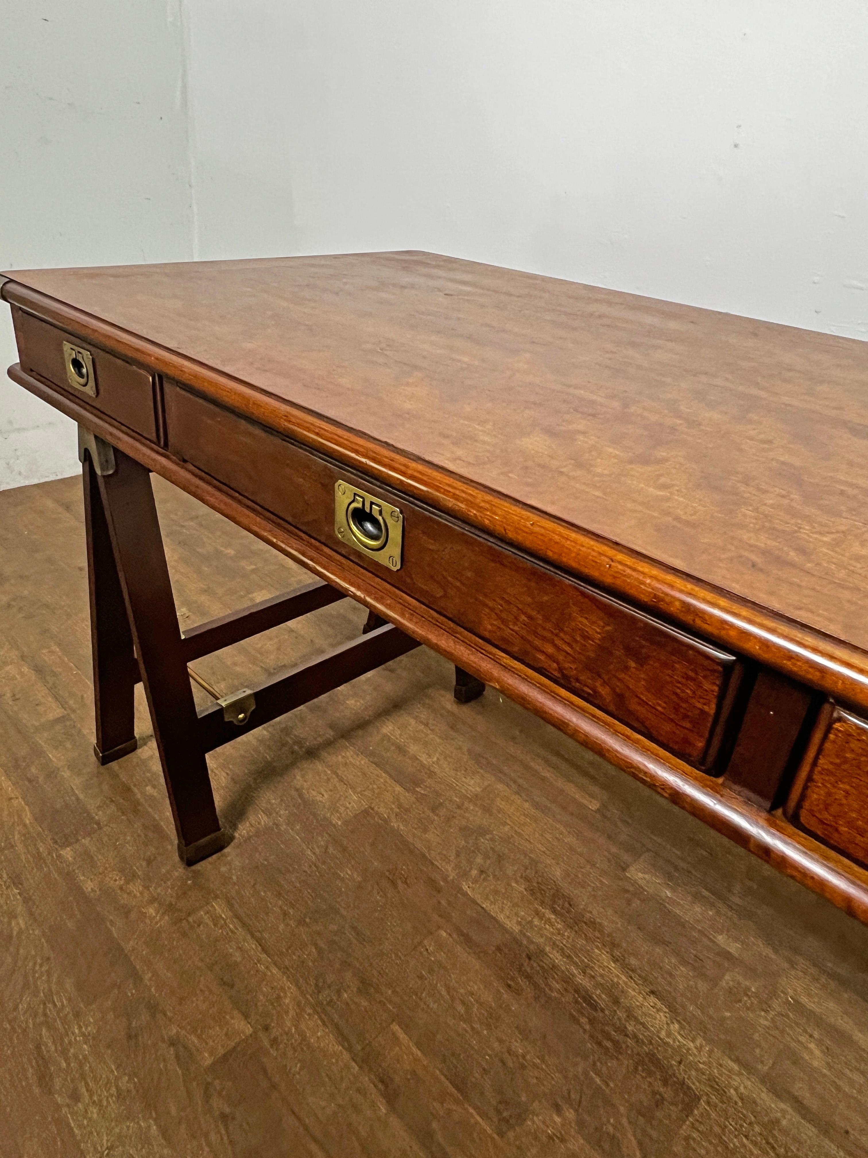 Campaign Style Mahogany Desk on Sawhorse Legs Circa 1970s 1