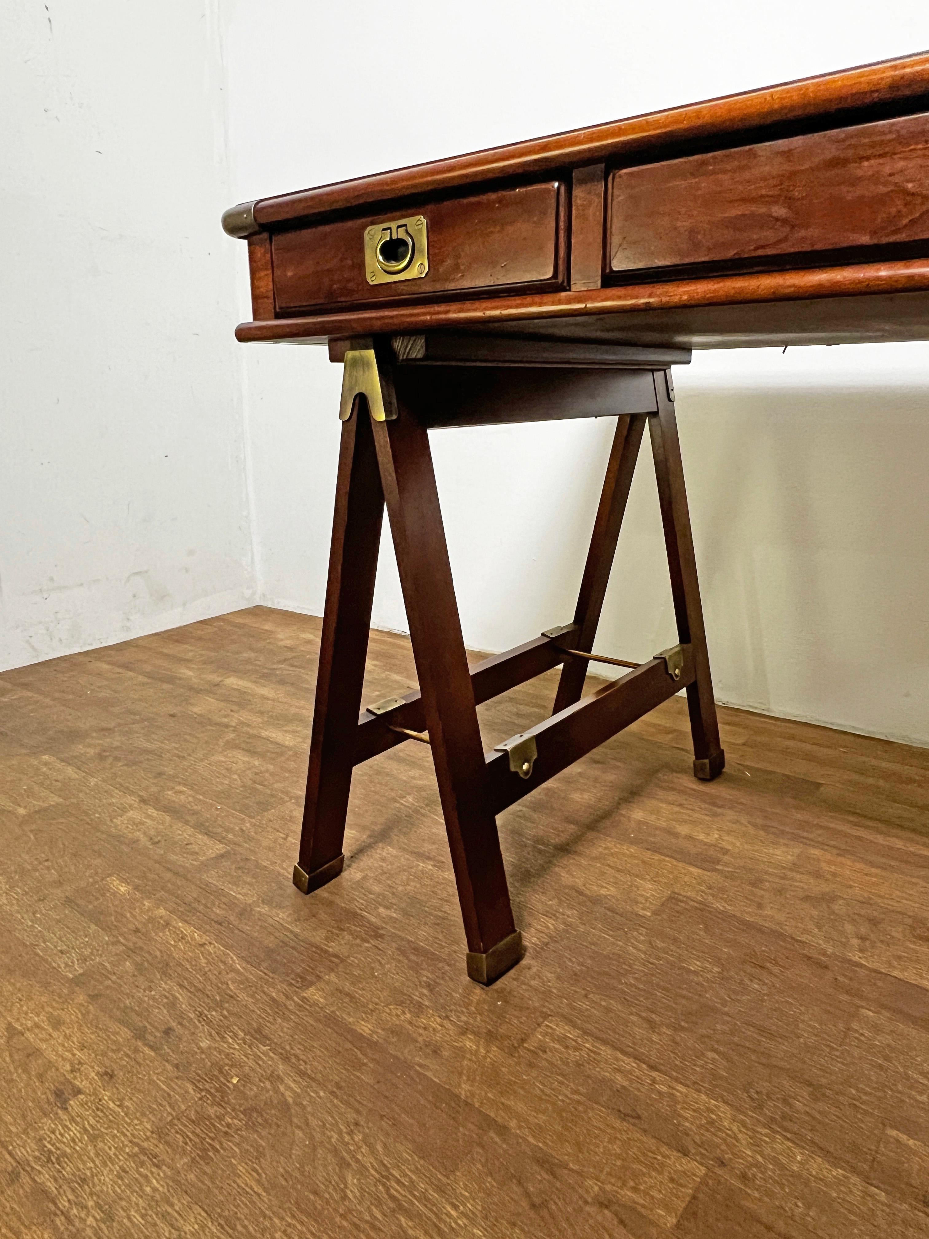 Campaign Style Mahogany Desk on Sawhorse Legs Circa 1970s 2