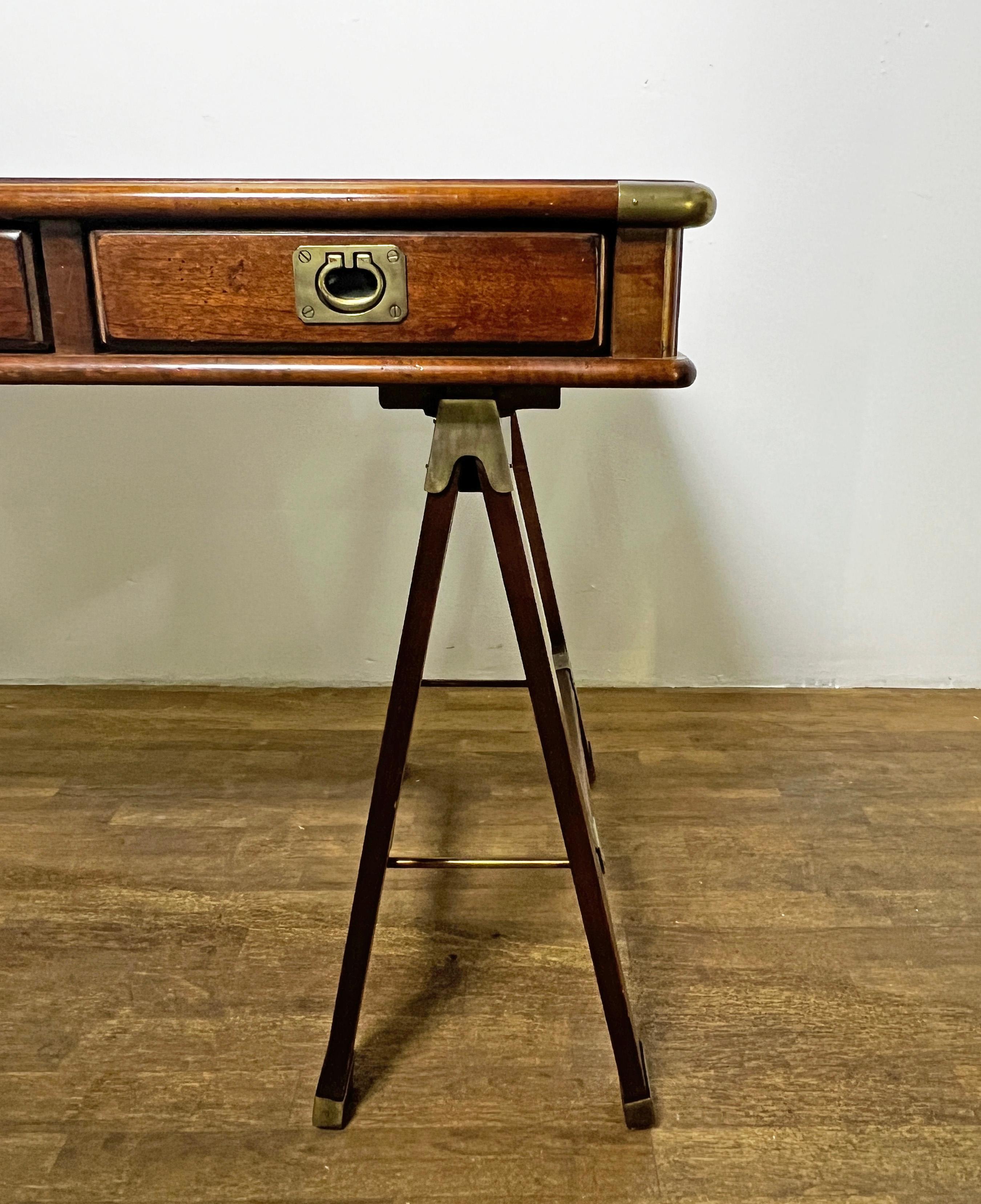 Campaign Style Mahogany Desk on Sawhorse Legs Circa 1970s 3