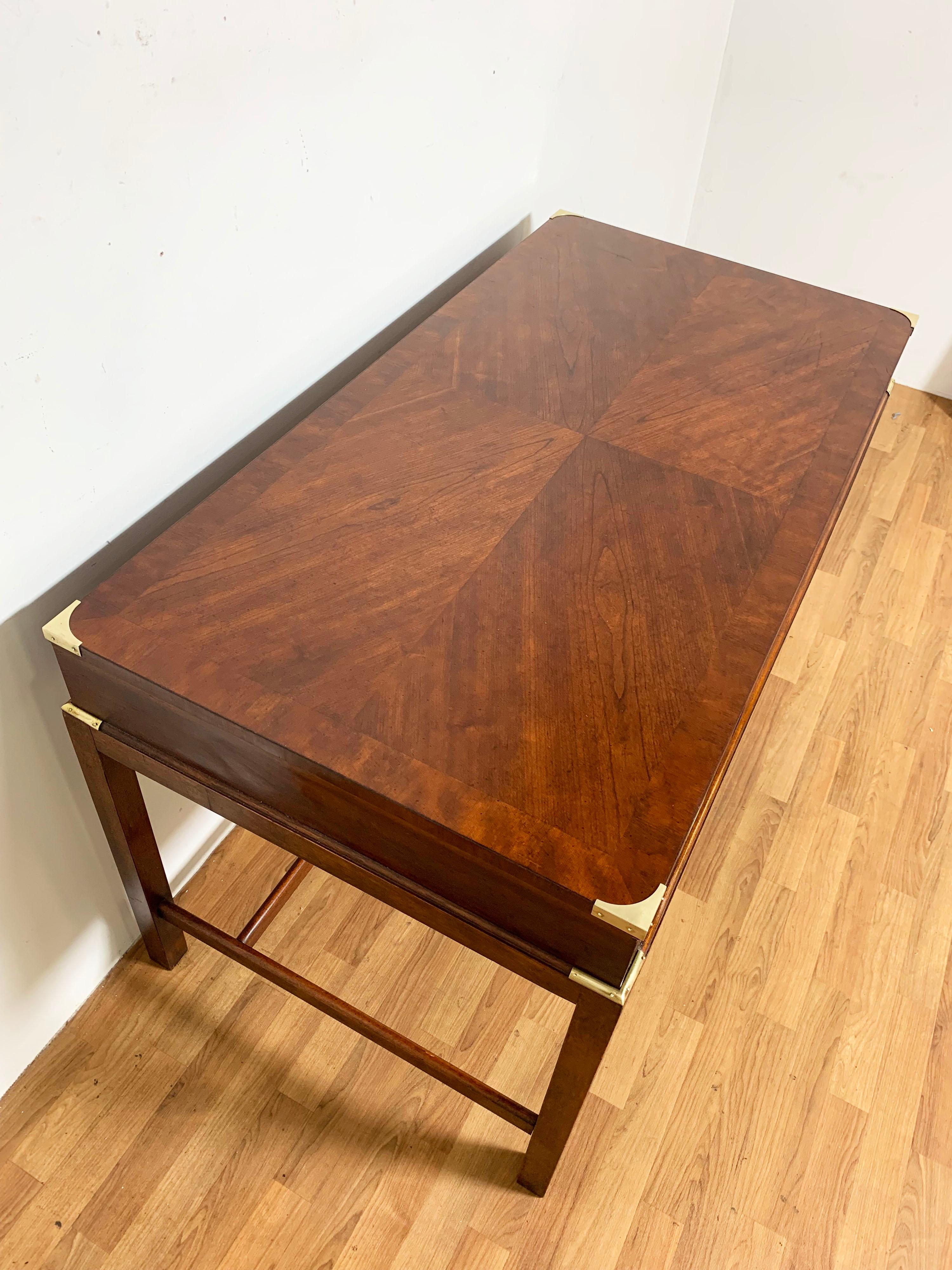 Campaign Style Mahogany Writing Desk with Brass Hardware, Circa 1970s In Good Condition In Peabody, MA