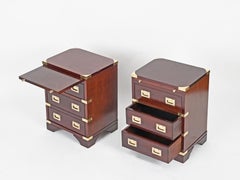 Campaign Style Pair of Nightstands, Wood and Brass w/ Writing Slide, Italy 1950