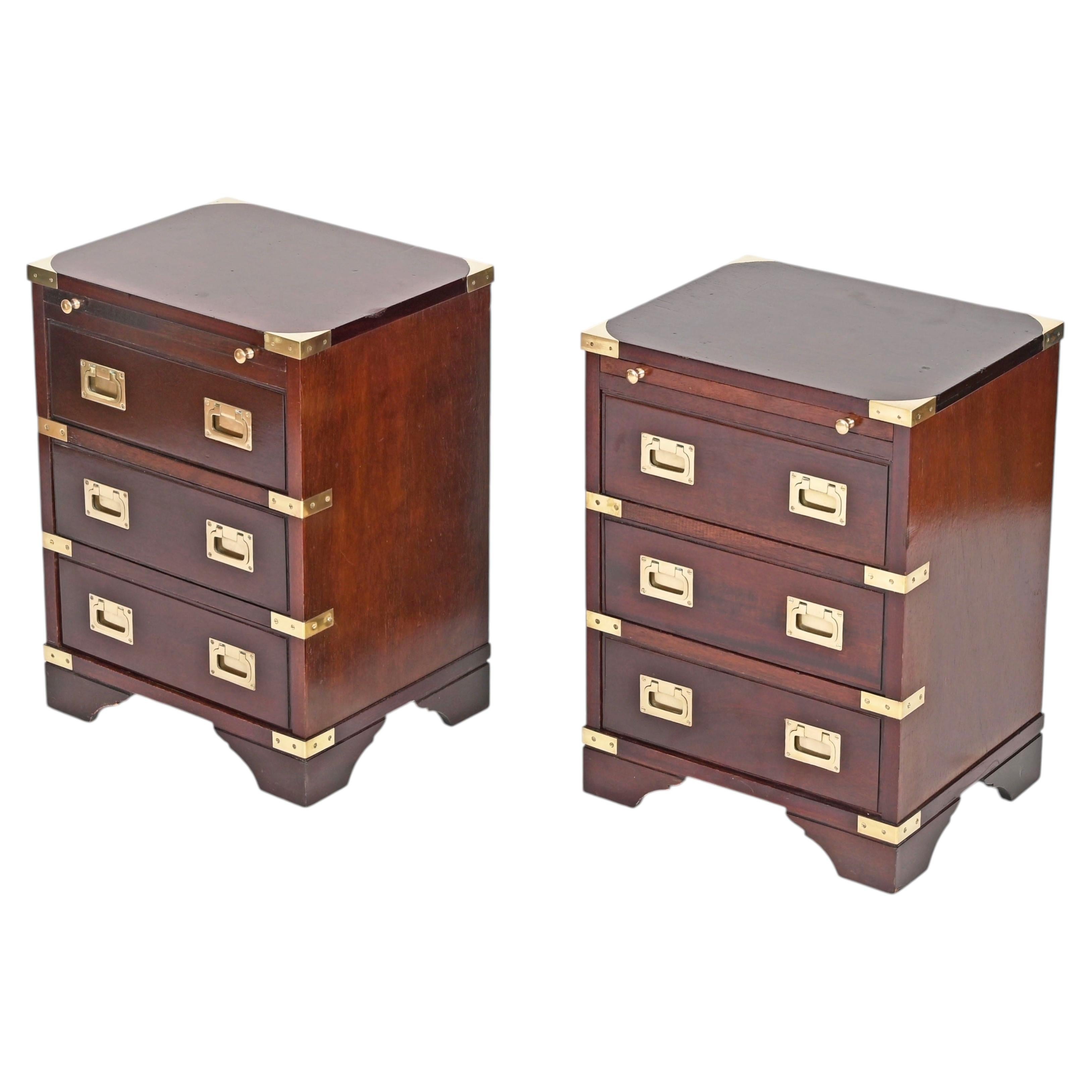 Campaign Style Pair of Nightstands, Wood and Brass w/ Writing Slide, Italy 1950