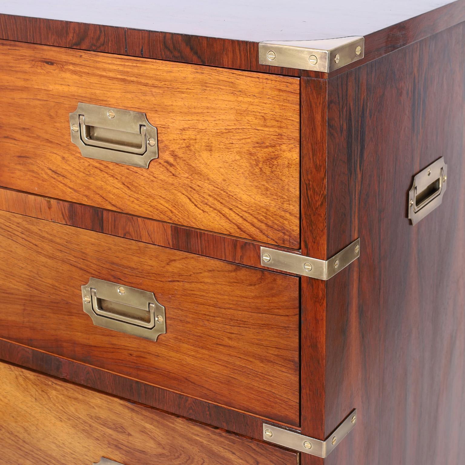 Polished Campaign Style Rosewood Tall Chest of Drawers