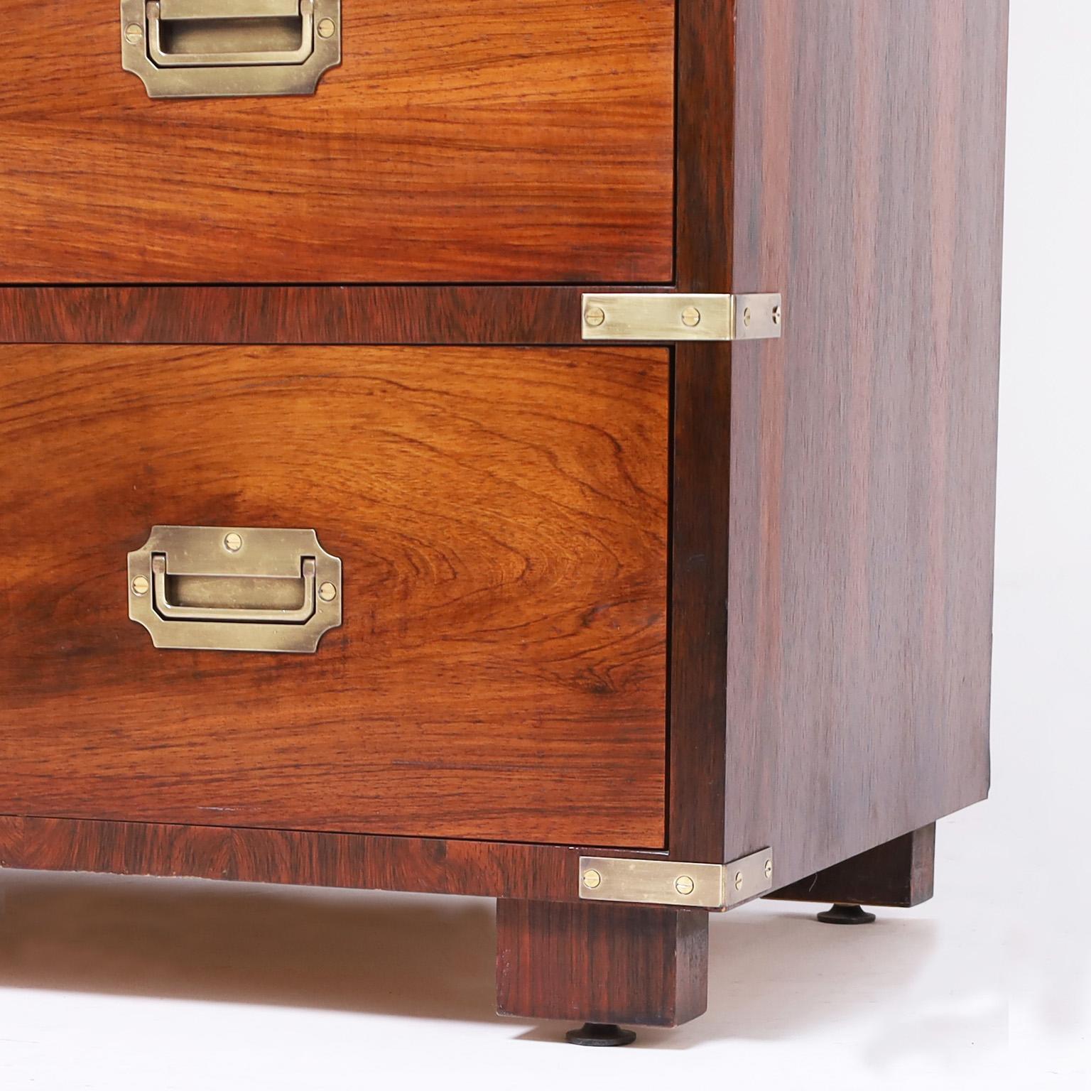 Brass Campaign Style Rosewood Tall Chest of Drawers