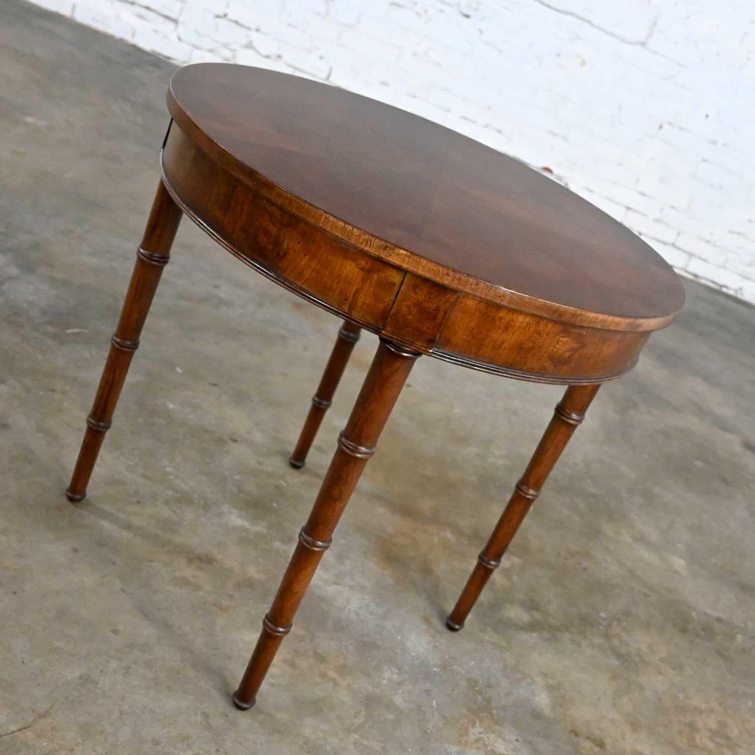 Campaign Style Round Walton Accent Lamp Table Faux Bamboo Legs by Fine Arts Furn In Good Condition In Topeka, KS