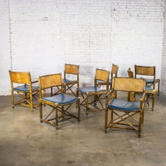 Campaign Style Set of 8 Dining Chairs by McGuire Rattan Cane & Navy Leather
