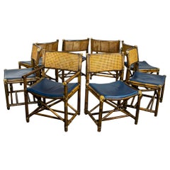 Ensemble de 8 chaises de salle à manger de style Campaigner par McGuire Rattan Cane & Navy Leather
