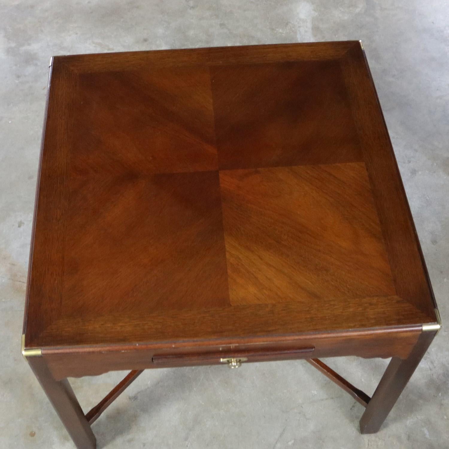 Campaign Style Square Side or End Table with Pull-Out Shelf and Brass Accents 3