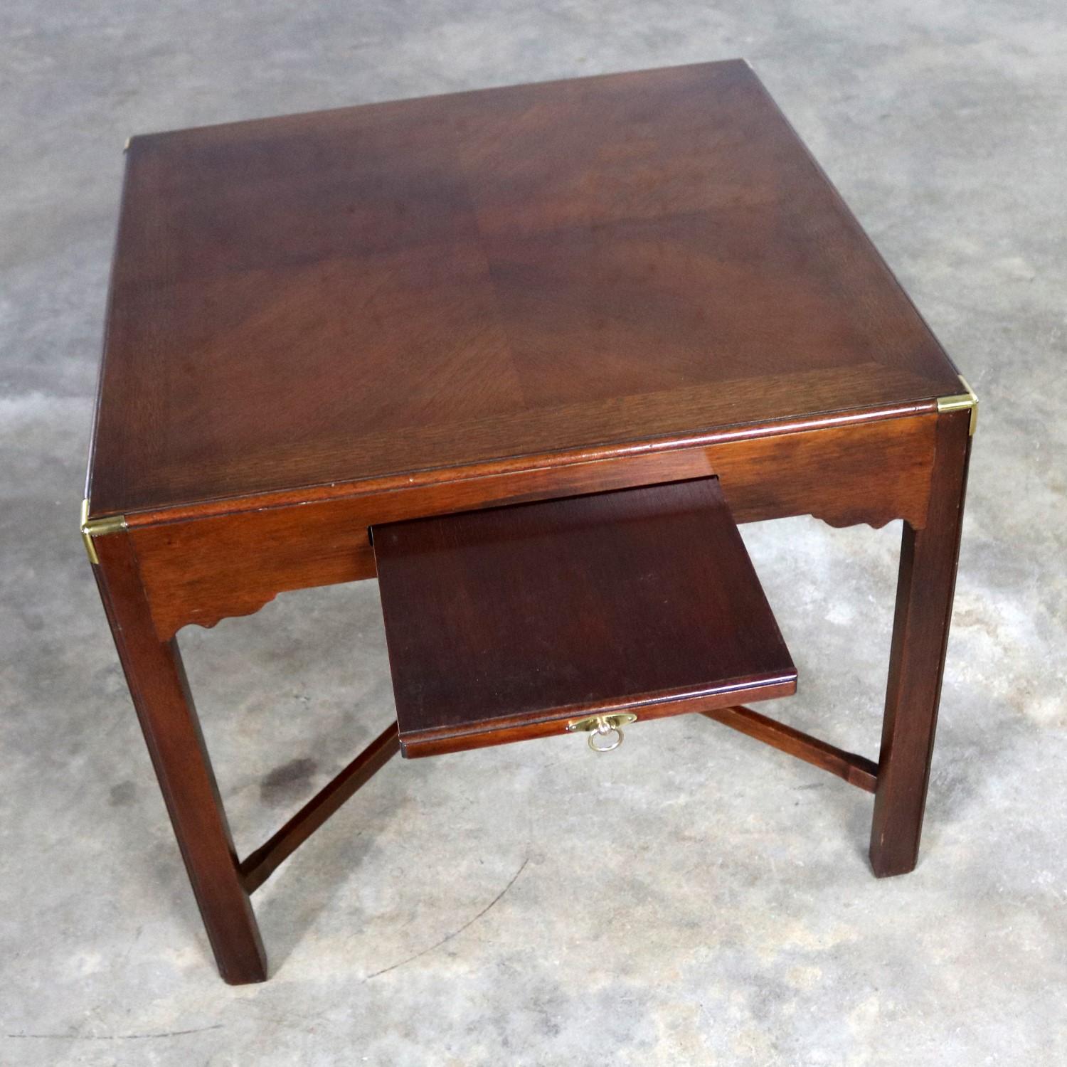 Campaign Style Square Side or End Table with Pull-Out Shelf and Brass Accents In Good Condition In Topeka, KS