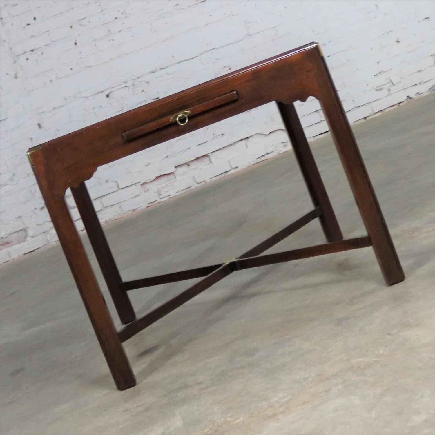 20th Century Campaign Style Square Side or End Table with Pull-Out Shelf and Brass Accents