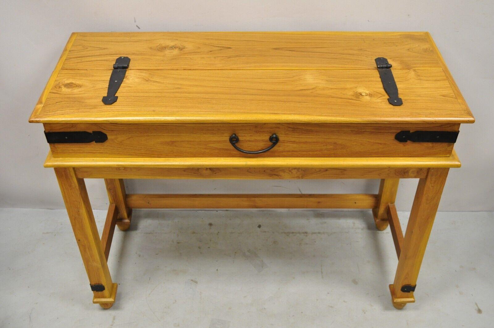 Campaign Style Teak Wood Fliptop Writing Desk with Side Chair, 2pc Set In Good Condition For Sale In Philadelphia, PA